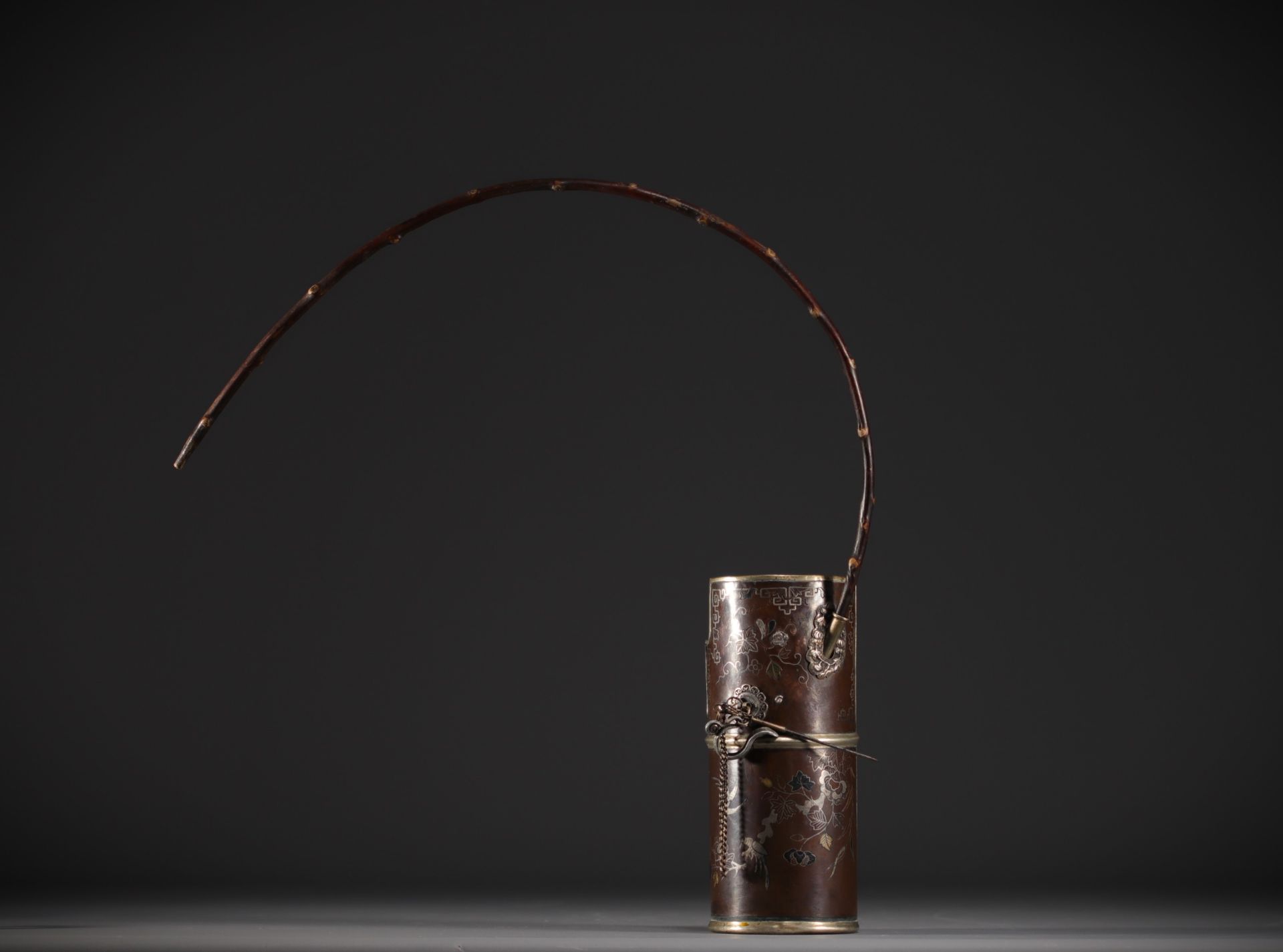 Vietnam - Opium water pipe in copper and silver inlay, circa 1900.