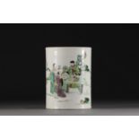 China - Green family porcelain brush pot decorated with figures and landscapes, Kangxi.