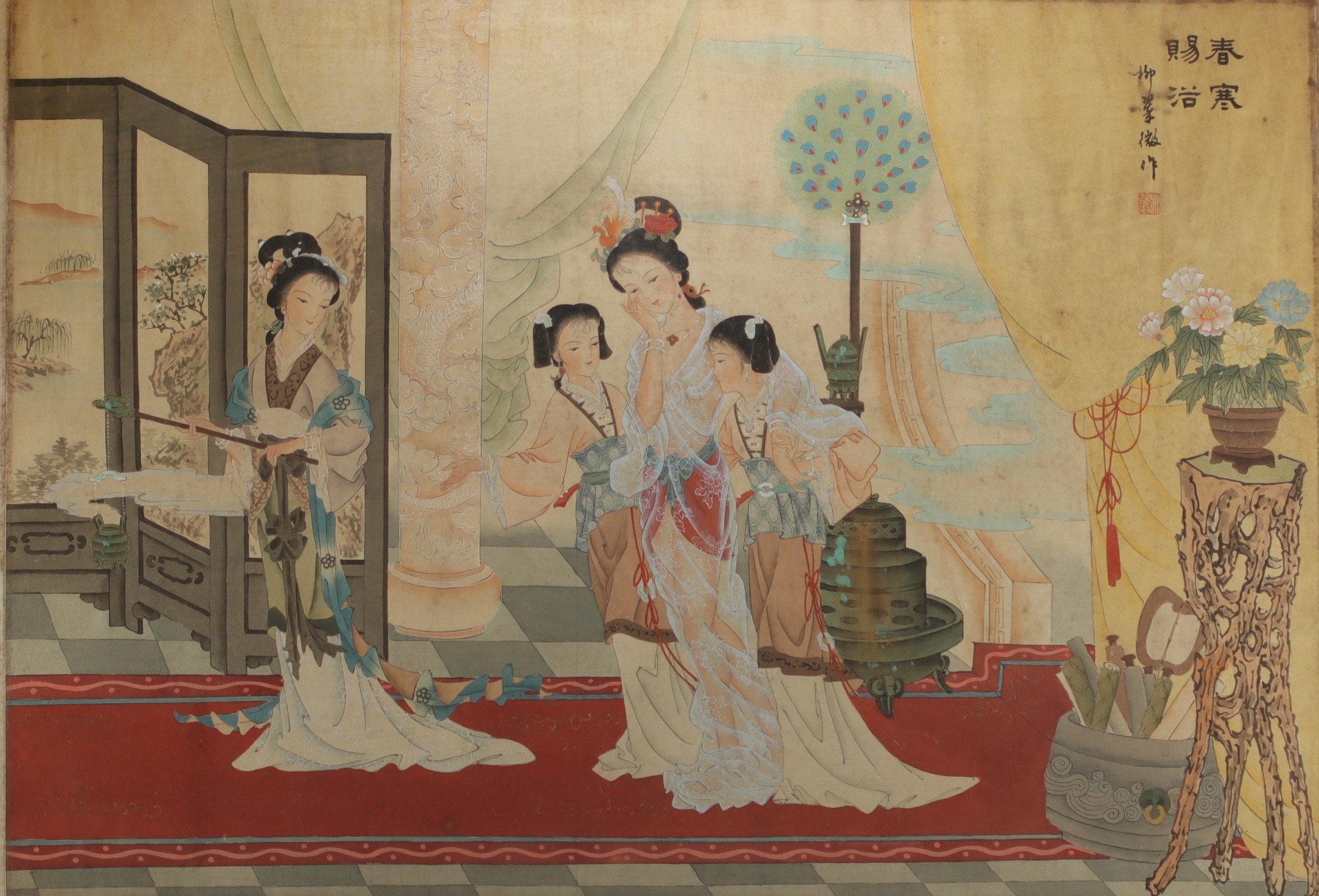 China - Ink and colour painting on silk depicting elegant women.