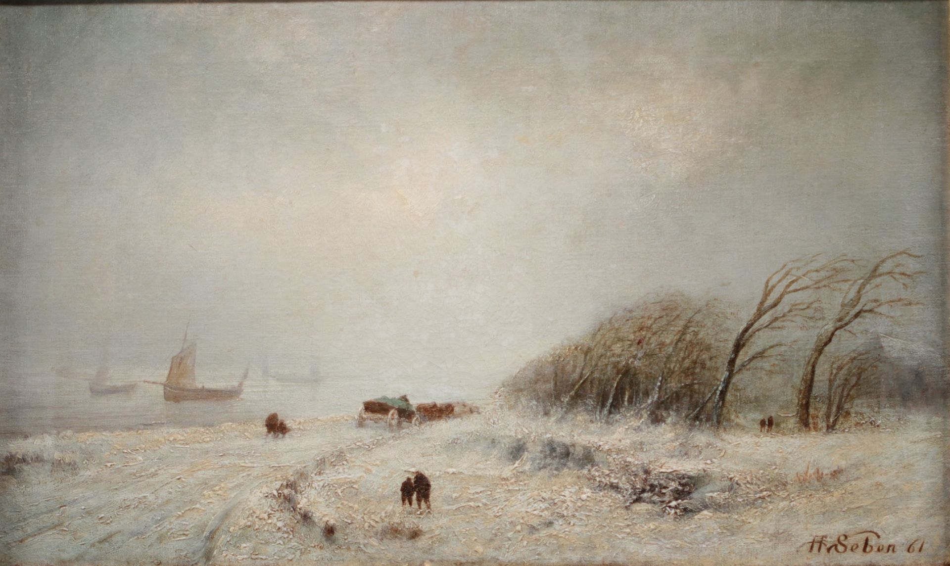 Henri VAN SEBEN (1825-1913) "Storm in Winter" Oil on canvas