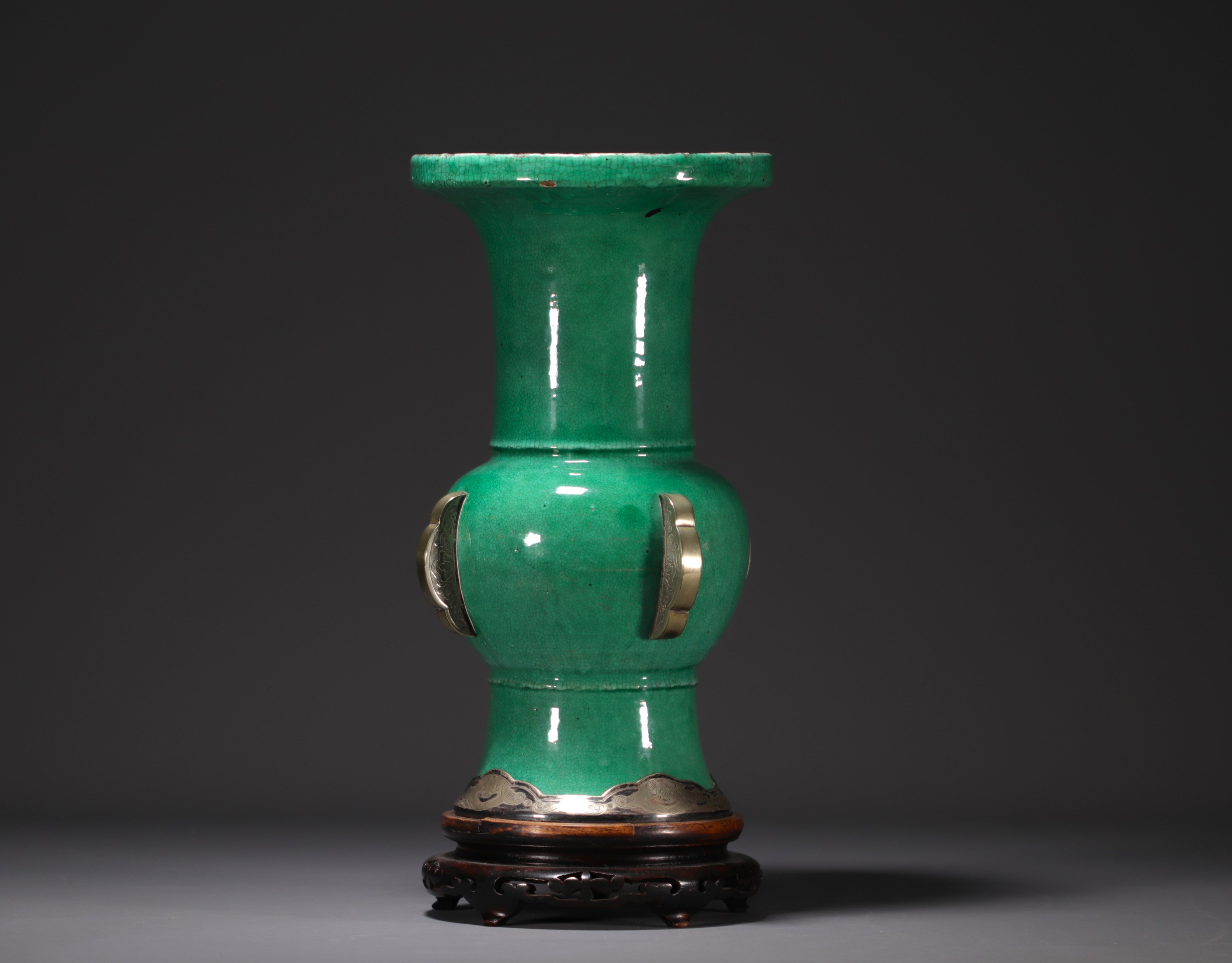 China - Large green monochrome porcelain vase, silver mounting. - Image 3 of 5