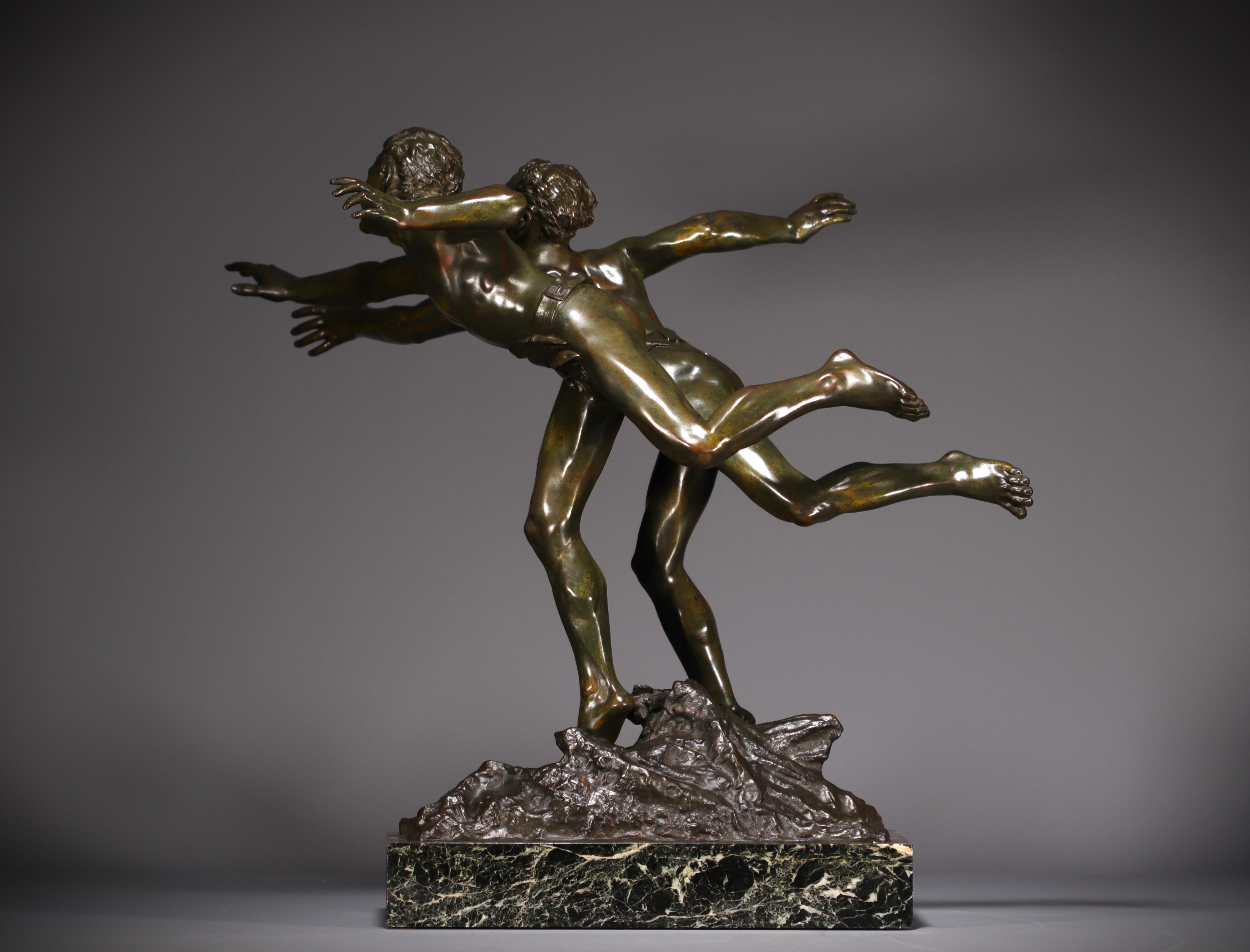 Edouard DROUOT (1859-1945) "La course" Bronze with green and brown shaded patina, on a marble base,  - Image 5 of 8