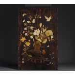 Japan - Wooden panel decorated with flowers and birds, Meiji period.