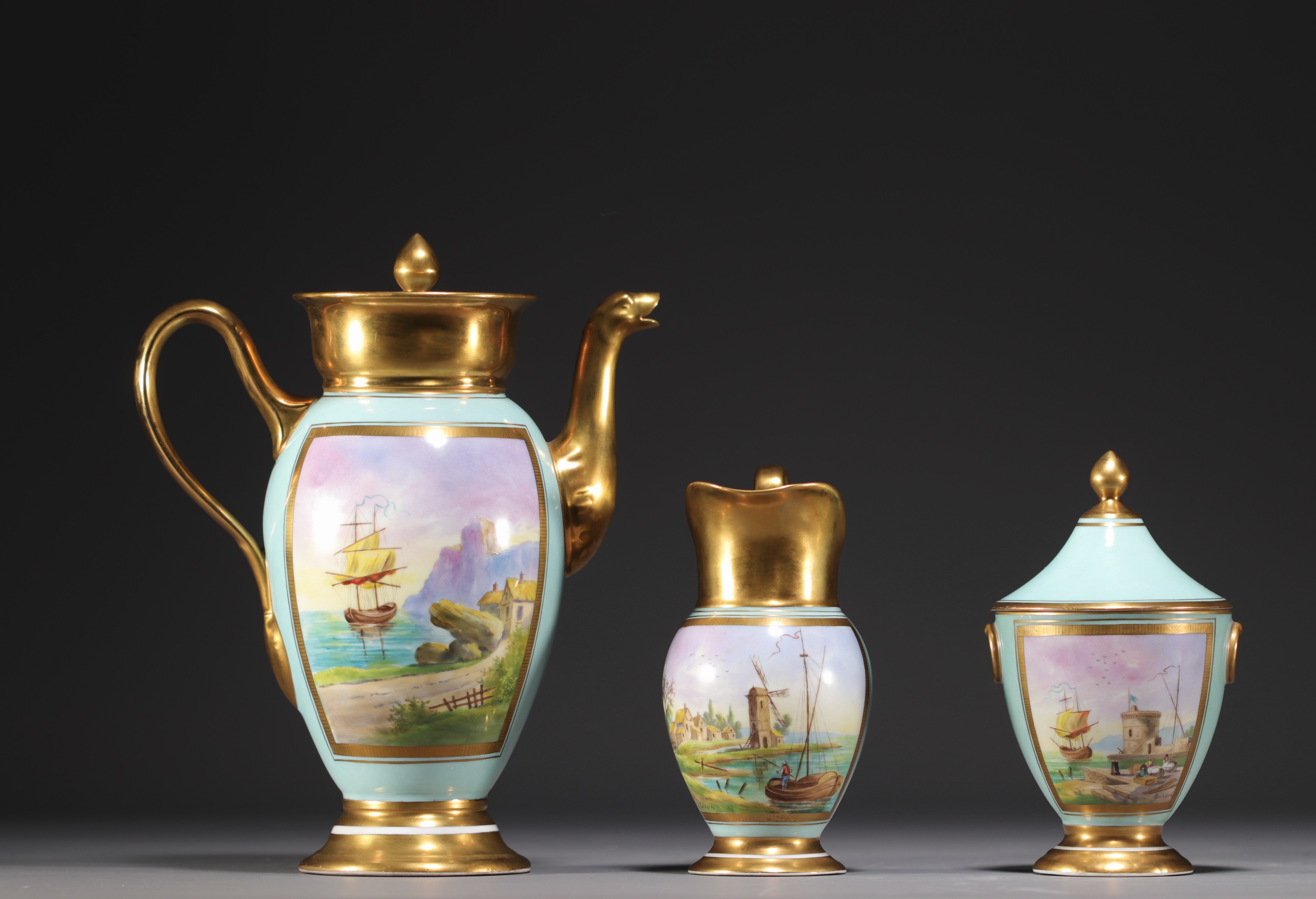 Sevres - A 19th century porcelain coffee service decorated with a marine scene. - Image 2 of 5
