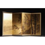 Japan - Gilded folding screen with bamboo landscape.
