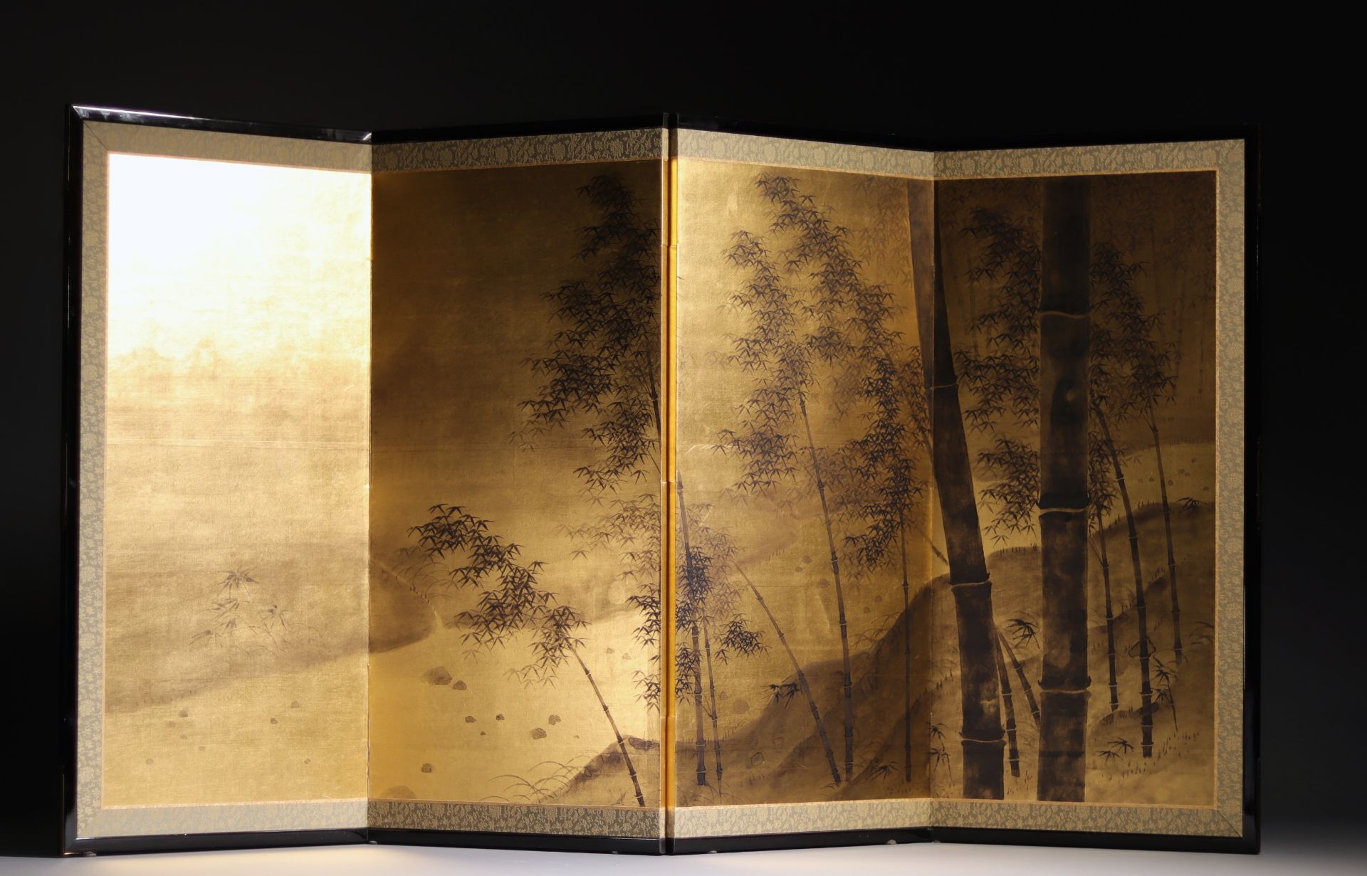 Japan - Gilded folding screen with bamboo landscape.