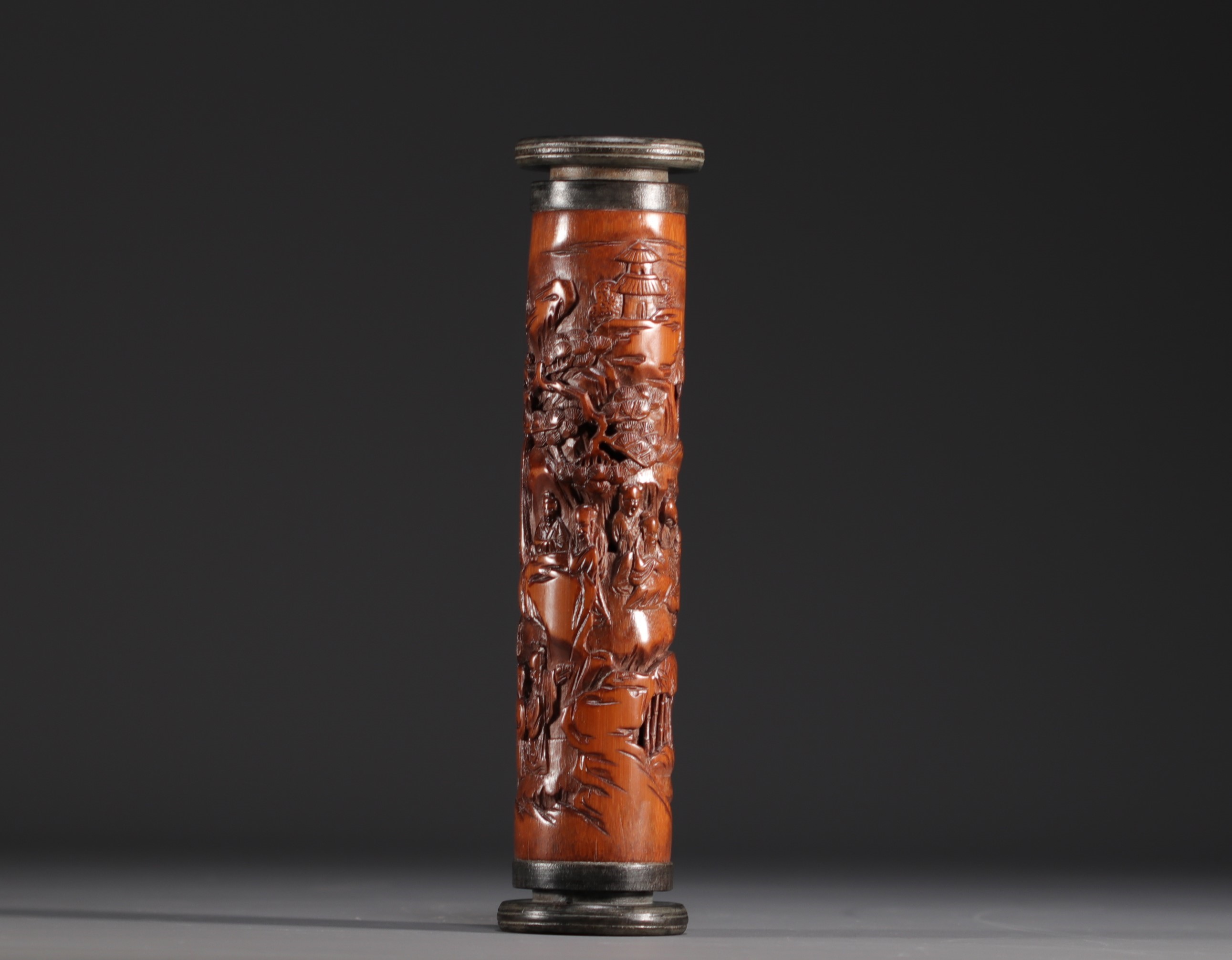 China - Carved bamboo incense cylinder with figures. - Image 3 of 4
