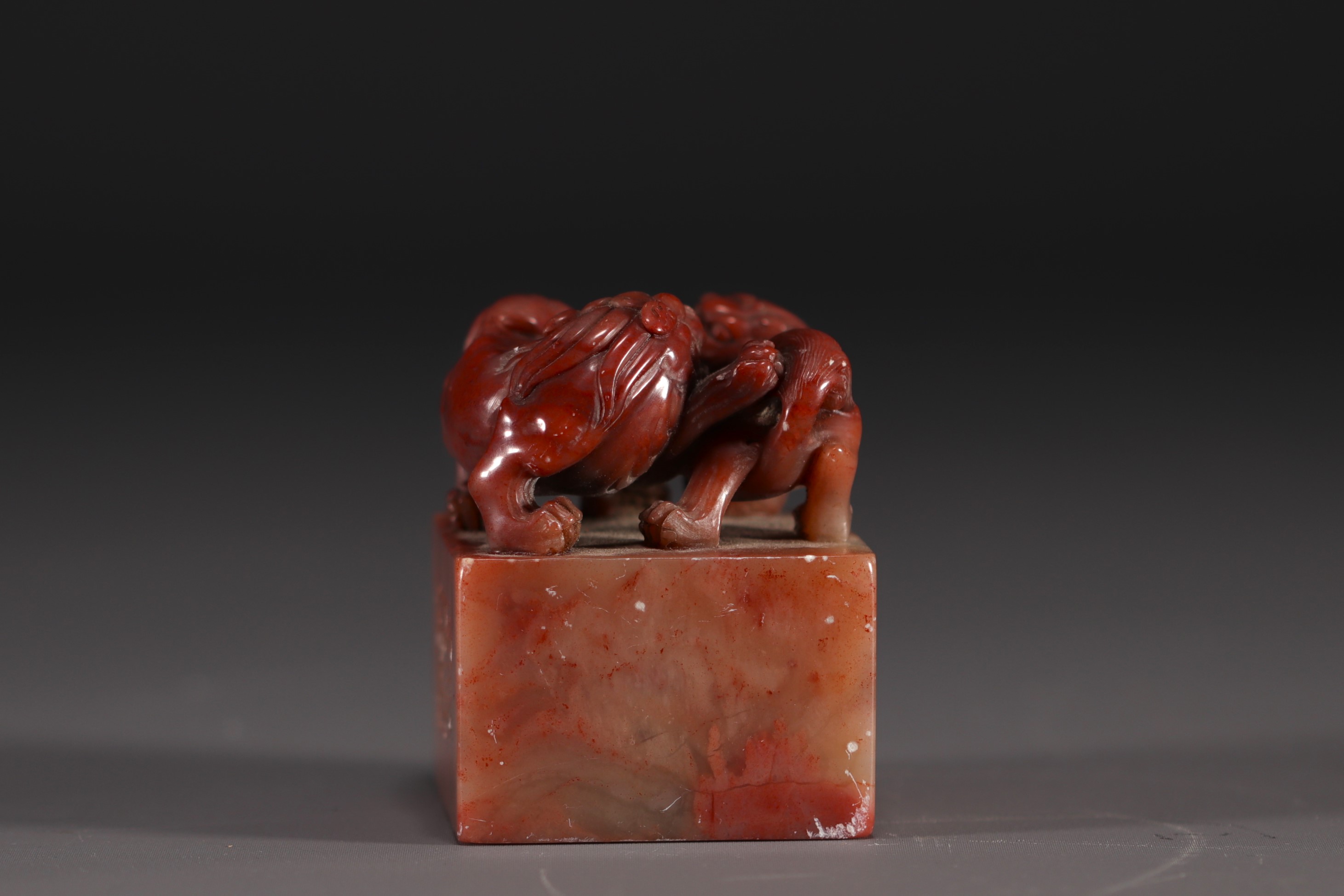 China - Carved stone seal surmounted by two lions, calligraphy, Qing period. - Image 3 of 9