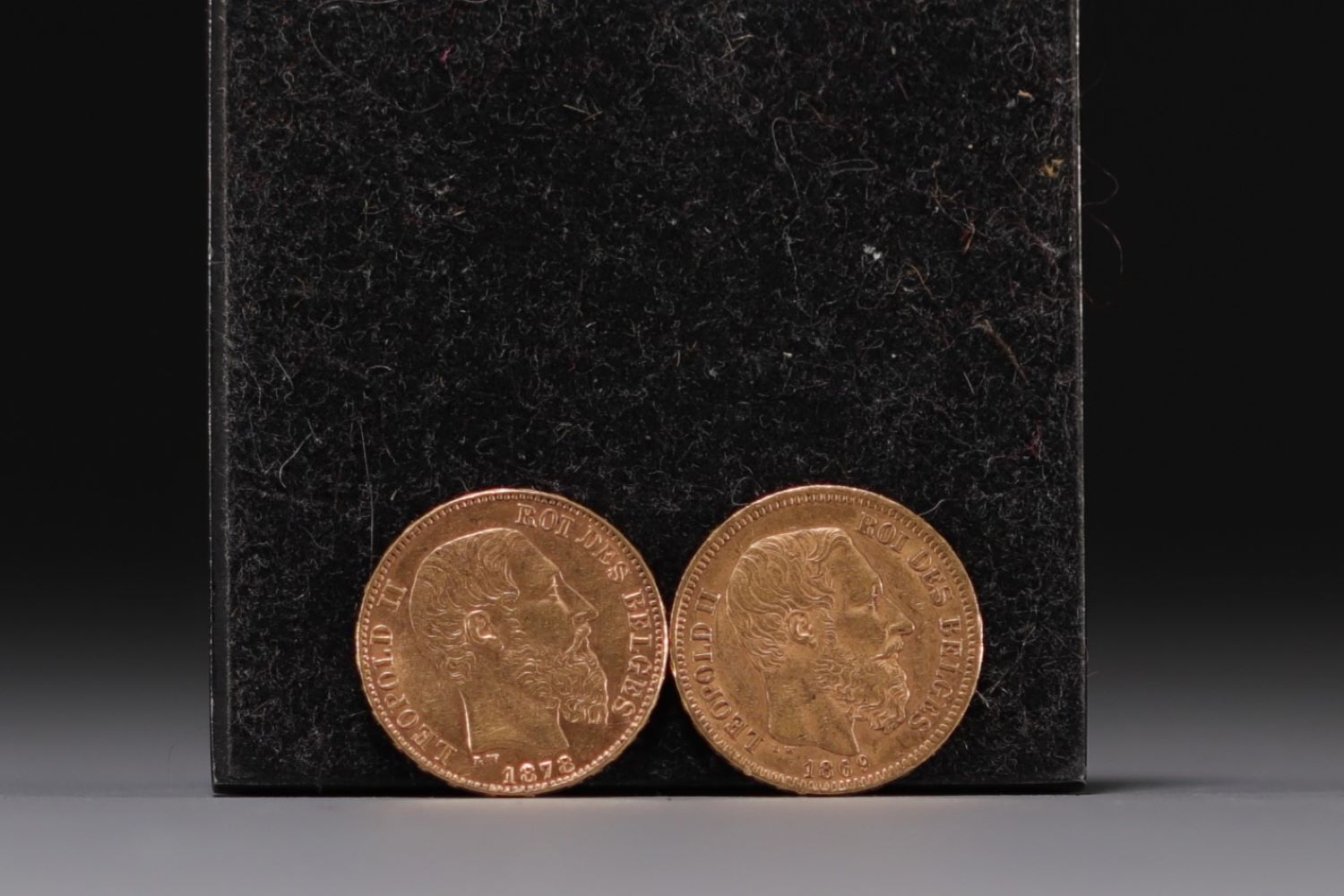 Set of two Leopold II 20 franc gold coins of 1869 and 1878.