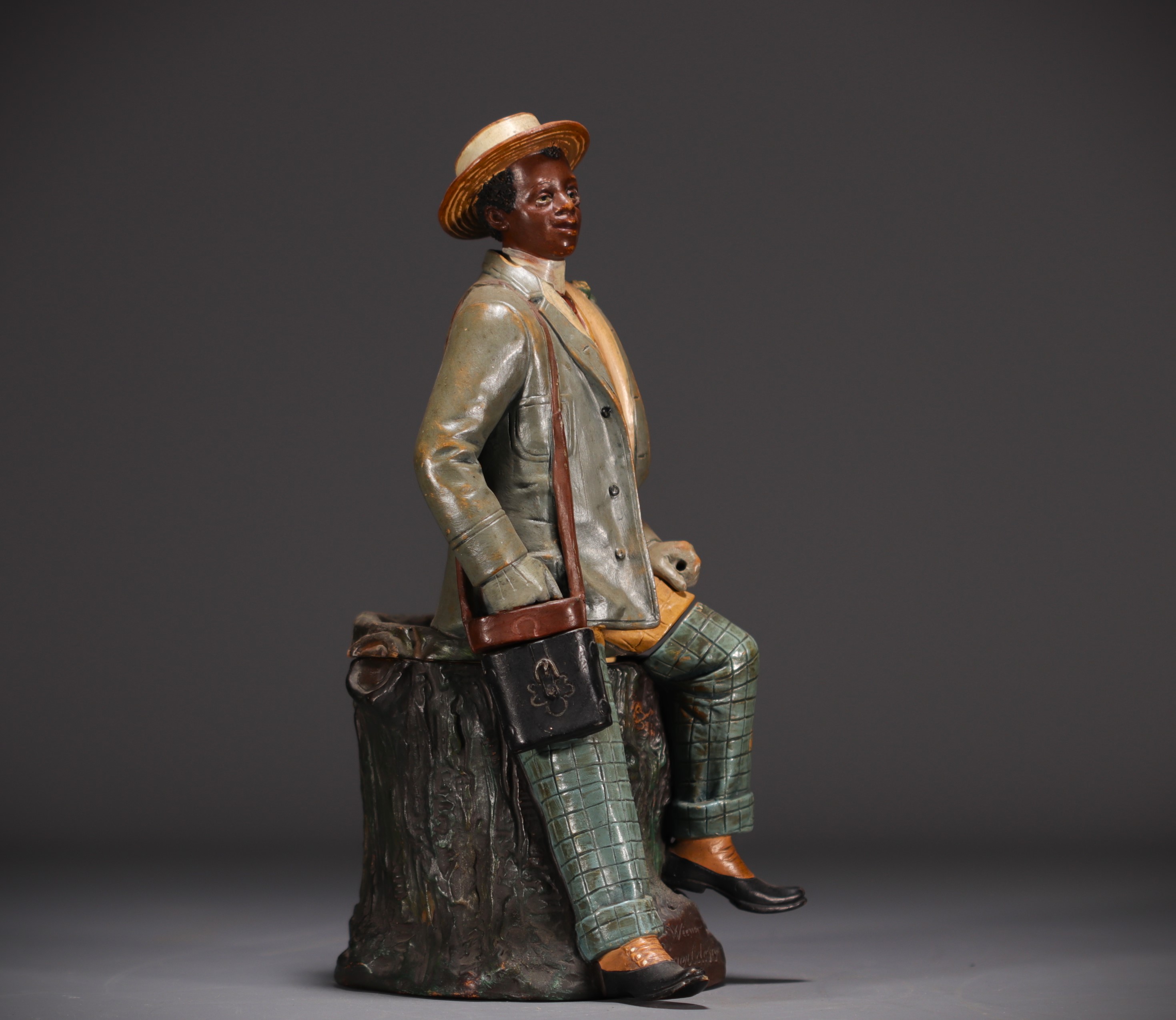 Bernard BLOCH (1836-1909) "African dandy with monocle" Polychrome terracotta tobacco pot. - Image 2 of 5