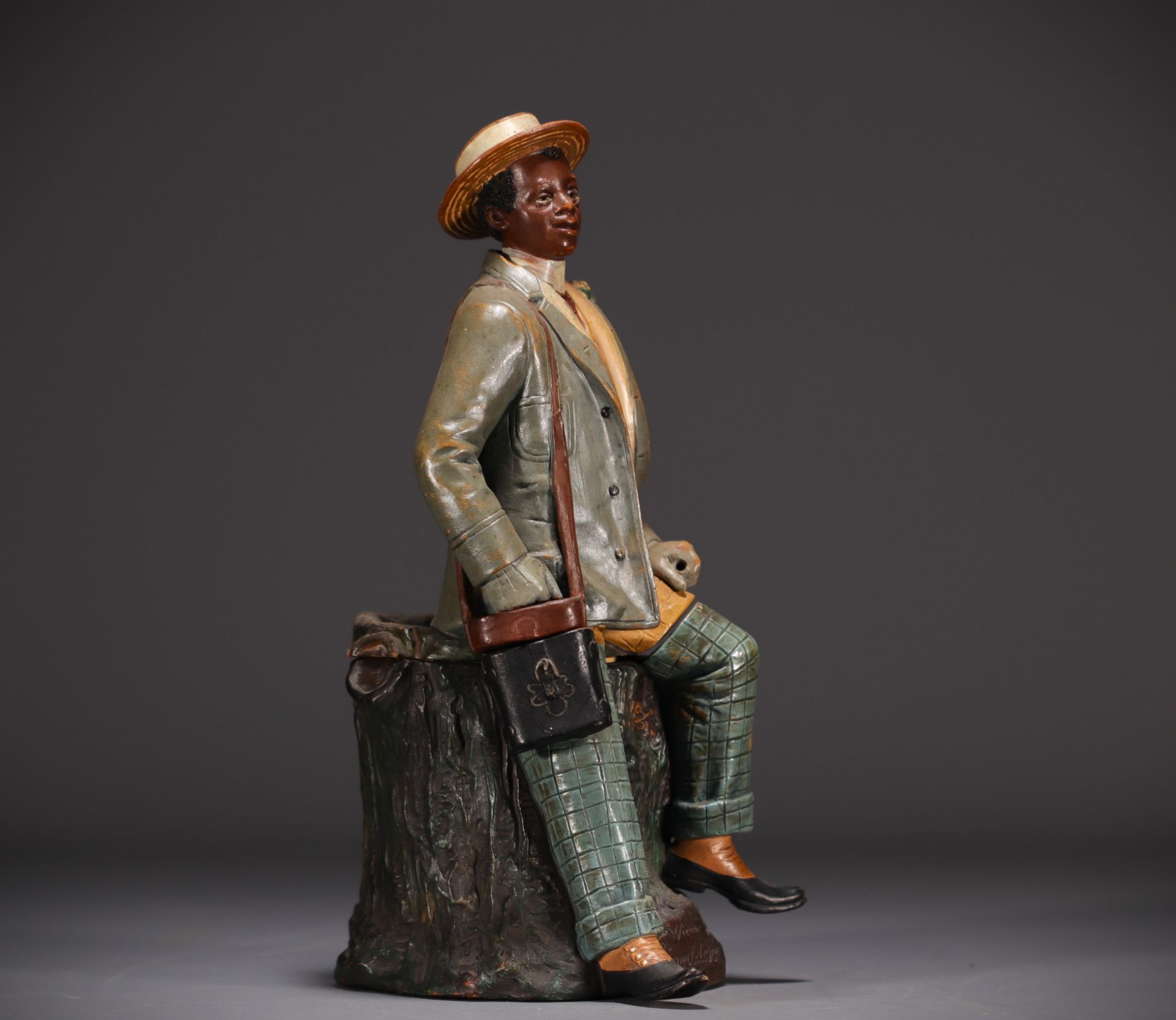 Bernard BLOCH (1836-1909) "African dandy with monocle" Polychrome terracotta tobacco pot. - Bild 2 aus 5