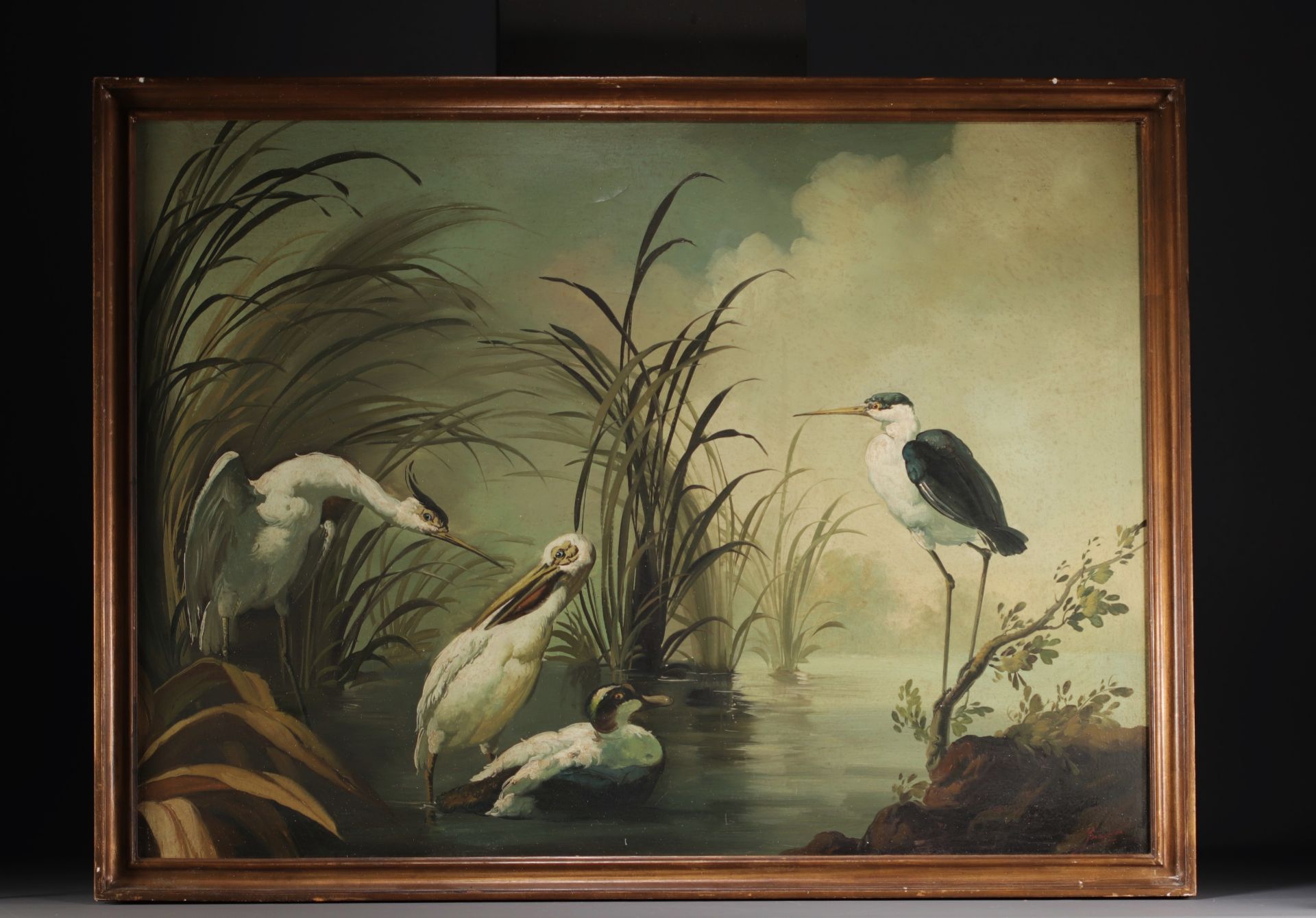 "Cranes, Heron and Ducks on the Pond" Large oil on canvas, illegible signature. - Bild 2 aus 3