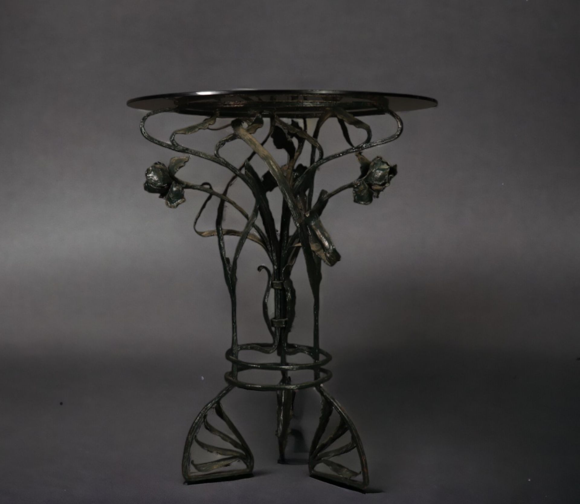 Glass table with floral wrought iron base, Art Nouveau period. - Image 2 of 3