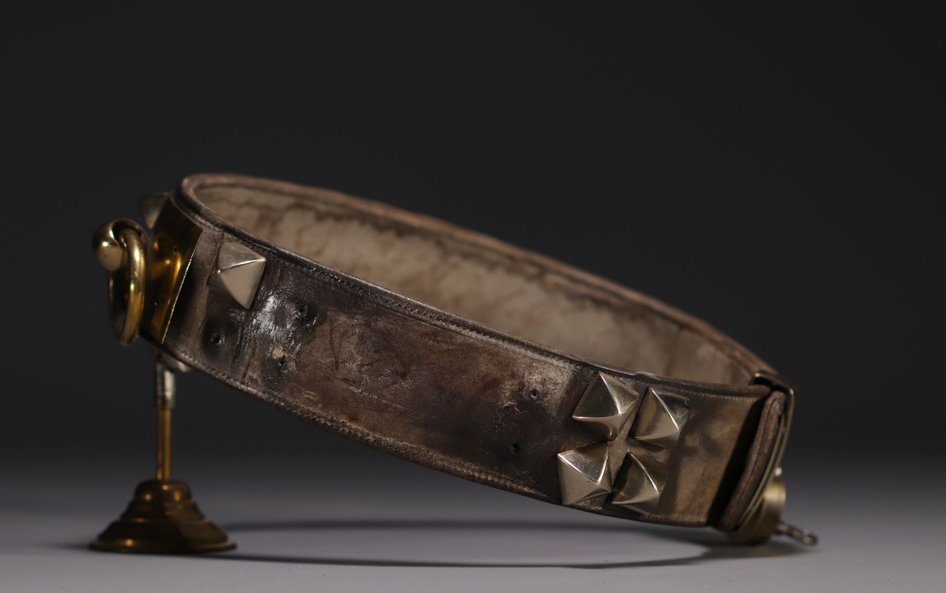 Rare leather dog collar with brass studs and padlock, 19th century. - Bild 3 aus 3