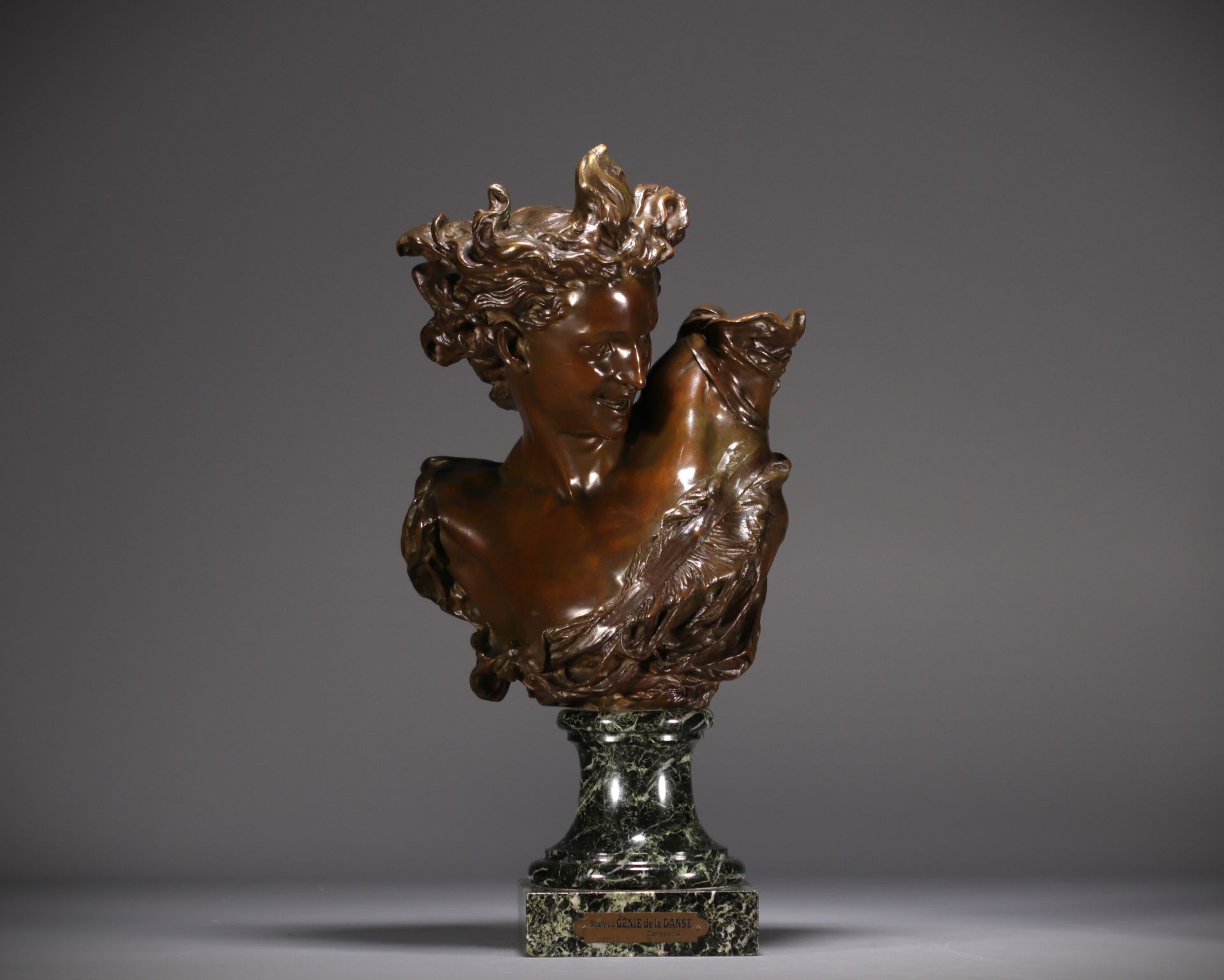 Jean Baptiste CARPEAUX (1827-1875) "Le Genie de la danse" Bust in bronze with medal patina. Signed J