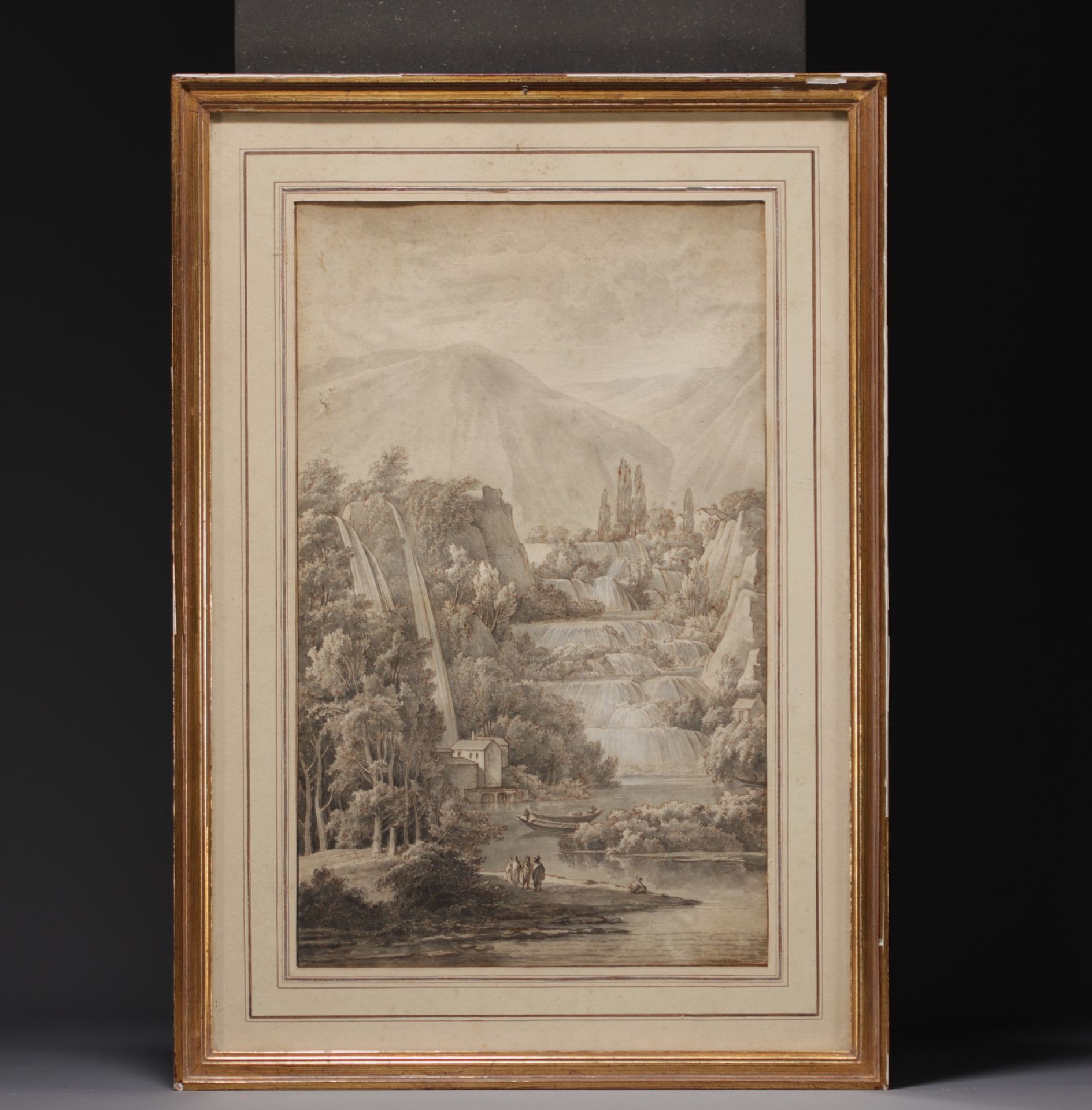 "Paysage de cascades en montagne" Black ink wash on paper 18th-19th century. - Image 2 of 2