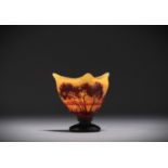 DAUM Nancy - Three-lobed vase on pedestal in orange multi-layered glass with landscape design, signe