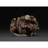 Japan - Ivory and black coral netsuke representing a group of six rats, Meiji. Signed.