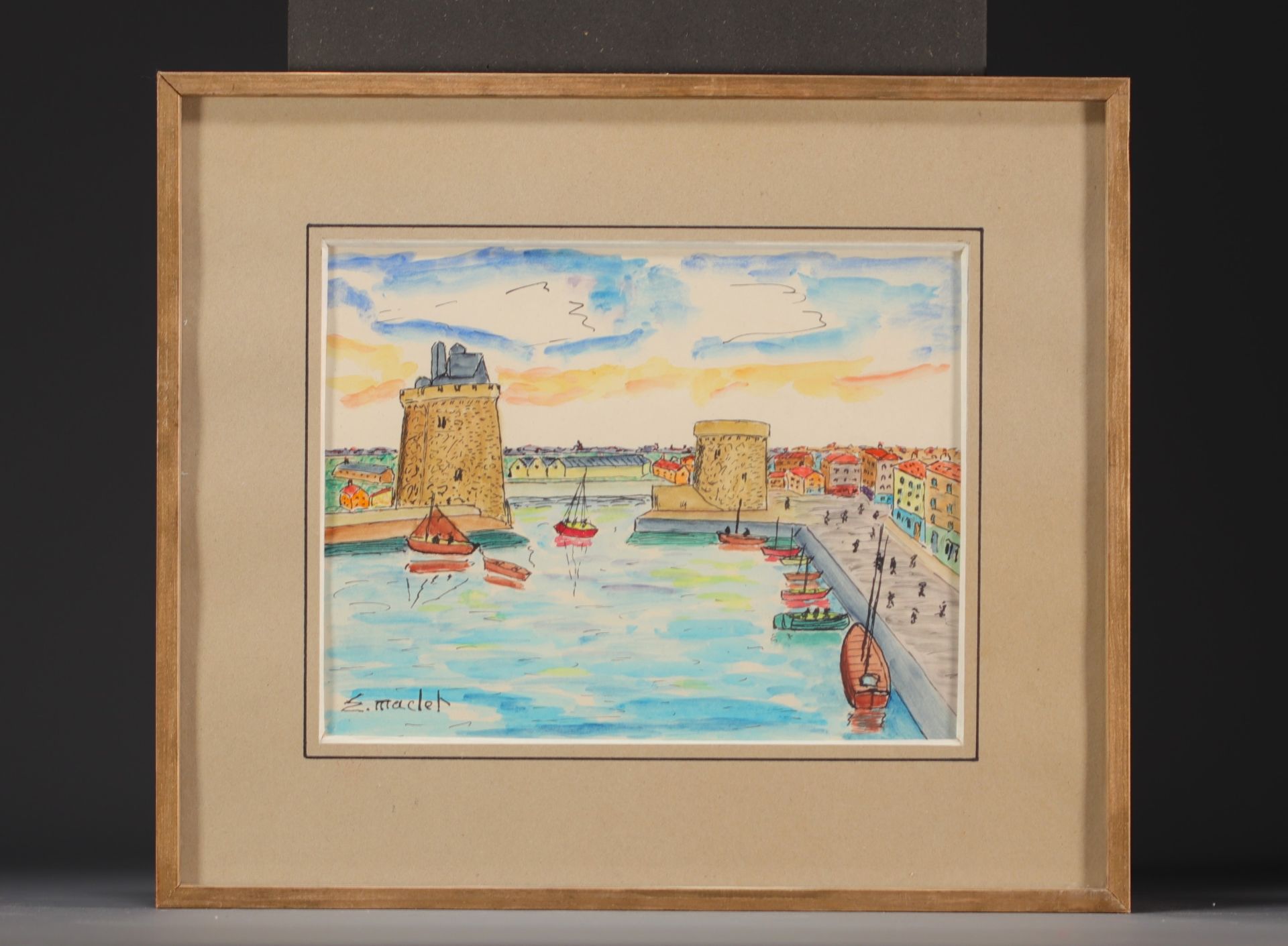 Elisee MACLET (1881-1962) "View of a port" watercolour and ink. - Bild 2 aus 2