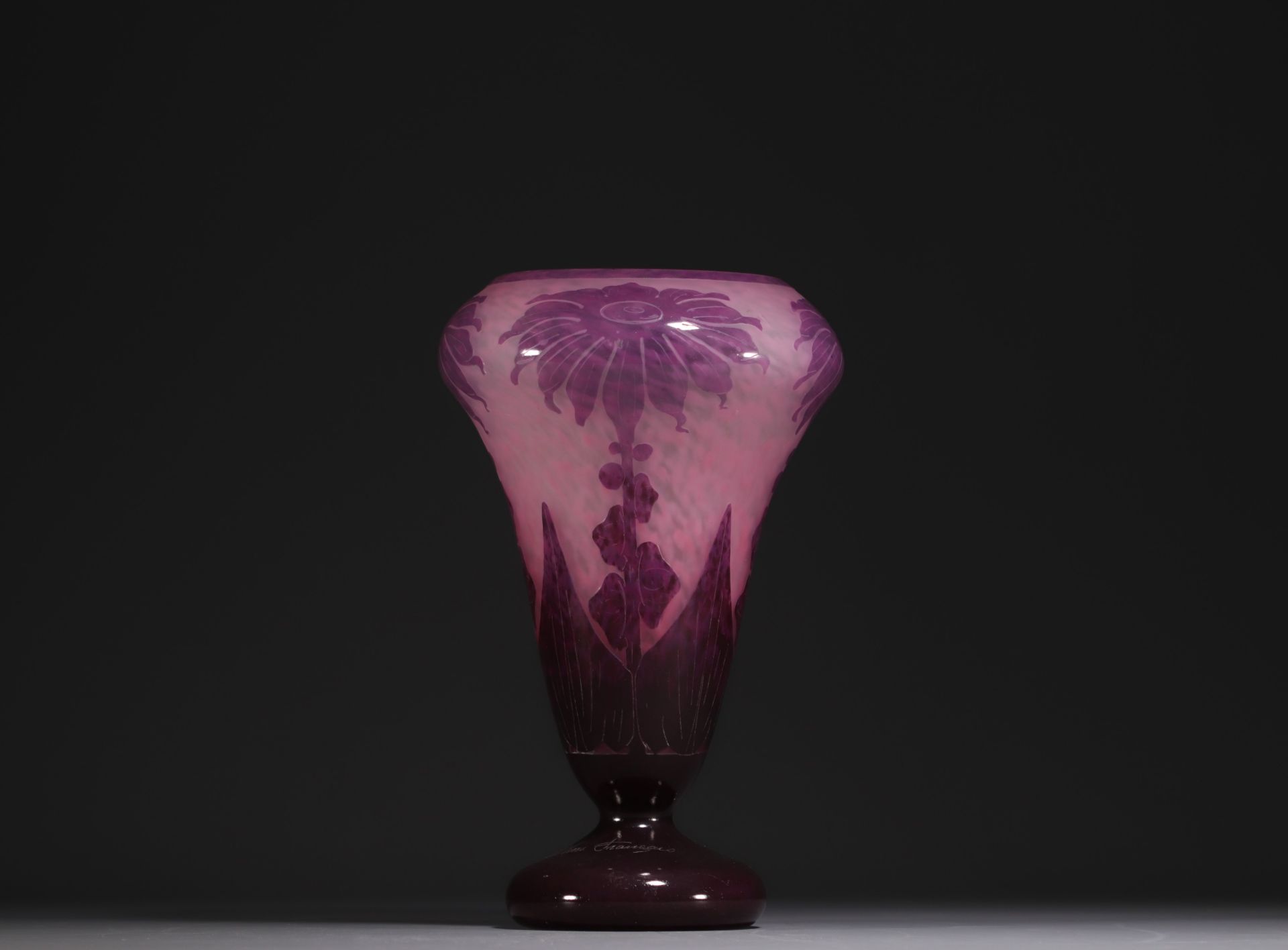 Le Verre Francais - Acid-etched multi-layered glass vase decorated with dahlias, signed on the base.