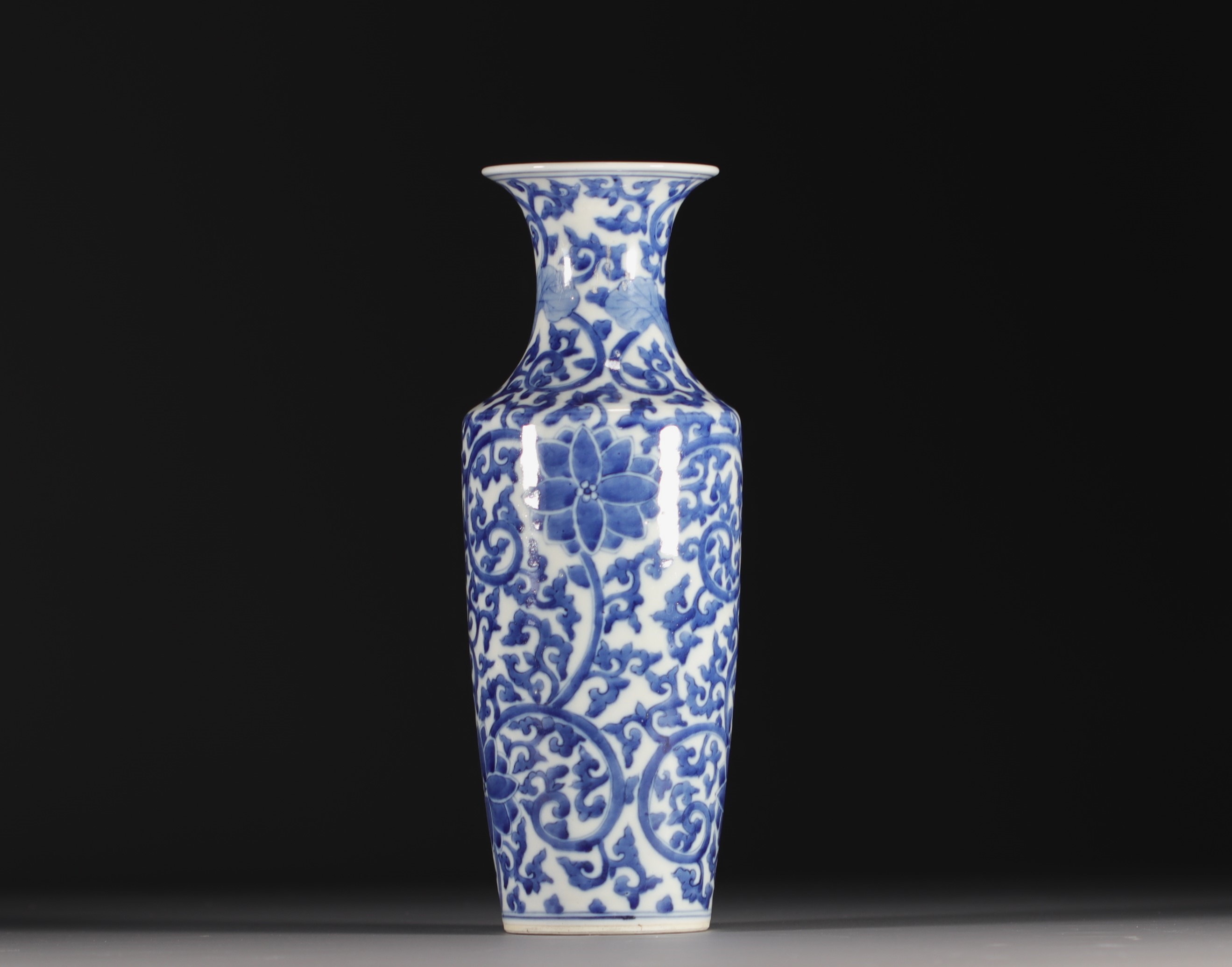 China - A white-blue porcelain baluster vase decorated with lotus flowers, double circle mark, Qing 
