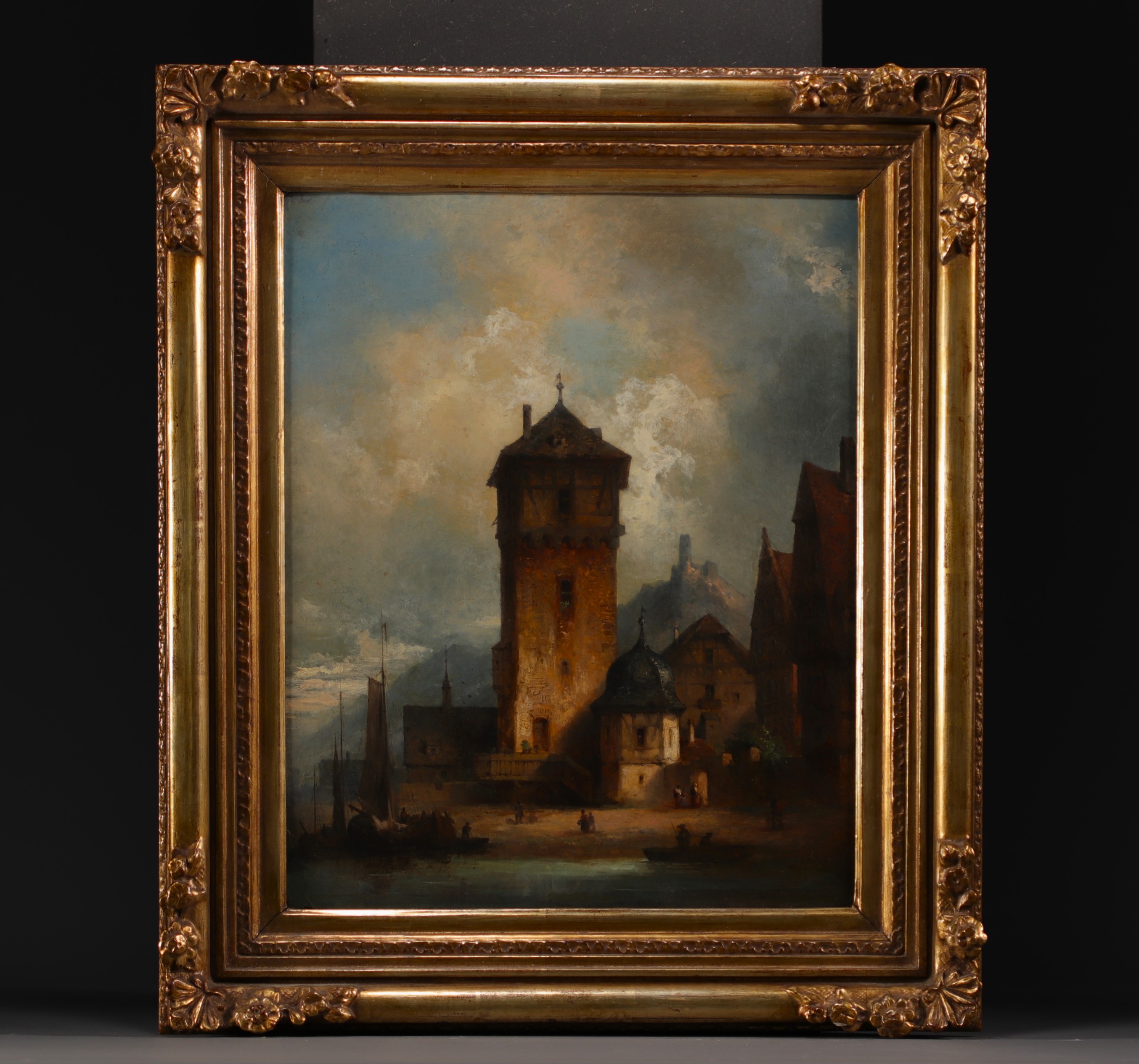 "View of a harbor"  Oil on cardboard, German or Swiss-German school from the 19th century, with sign - Image 2 of 2