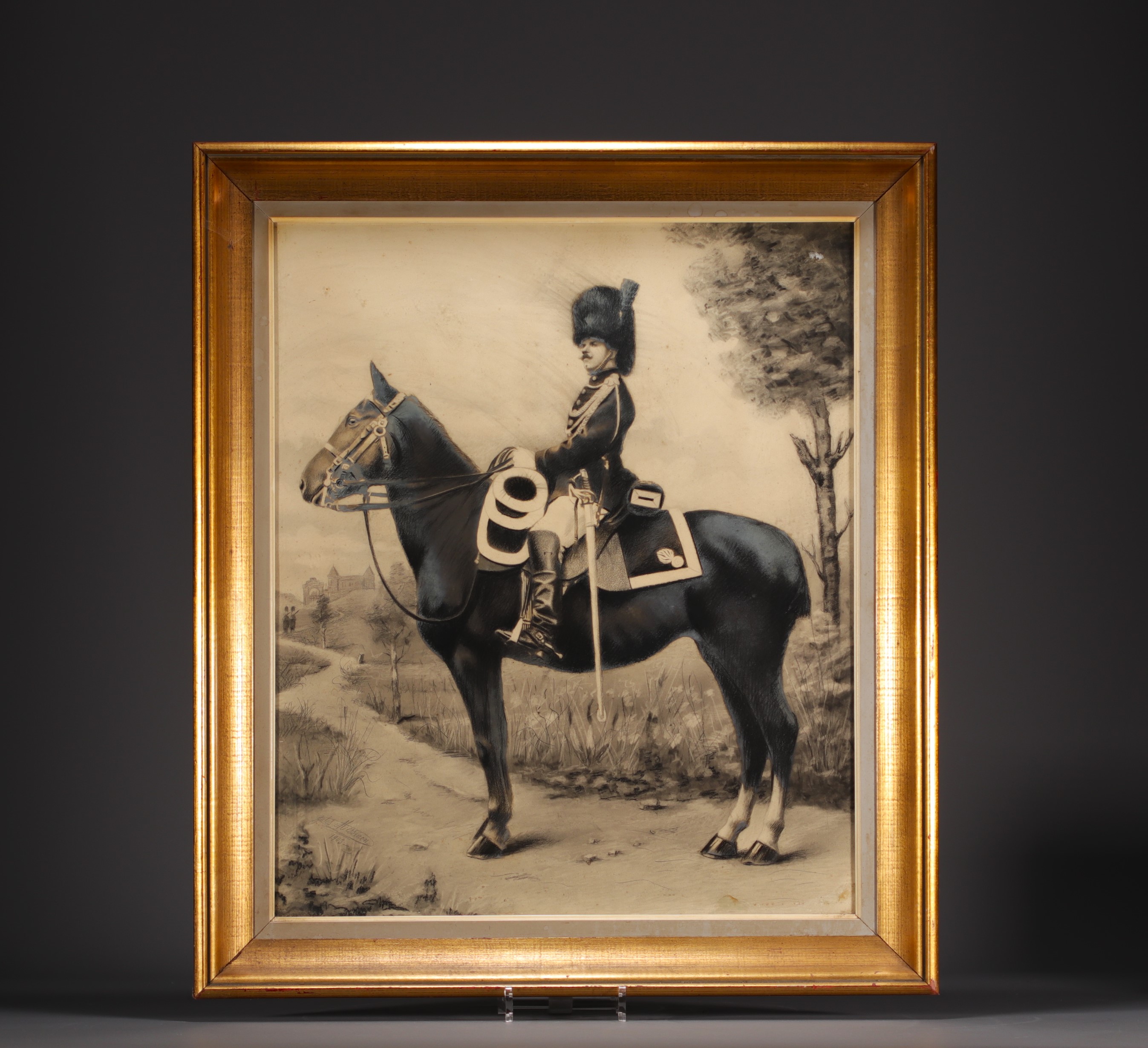 Jules MESSIAEN (1869-1956) "Cavalier" charcoal drawing, signed and dated 1903. - Image 2 of 3