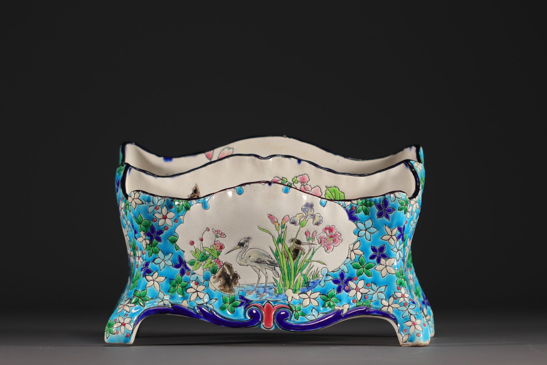 Longwy - Letter case in earthenware and enamels decorated with heron, titmouse and flowers, 19th cen