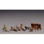 Set of 17 miniature subjects in polychrome Vienna bronzes and a small burr elm box.