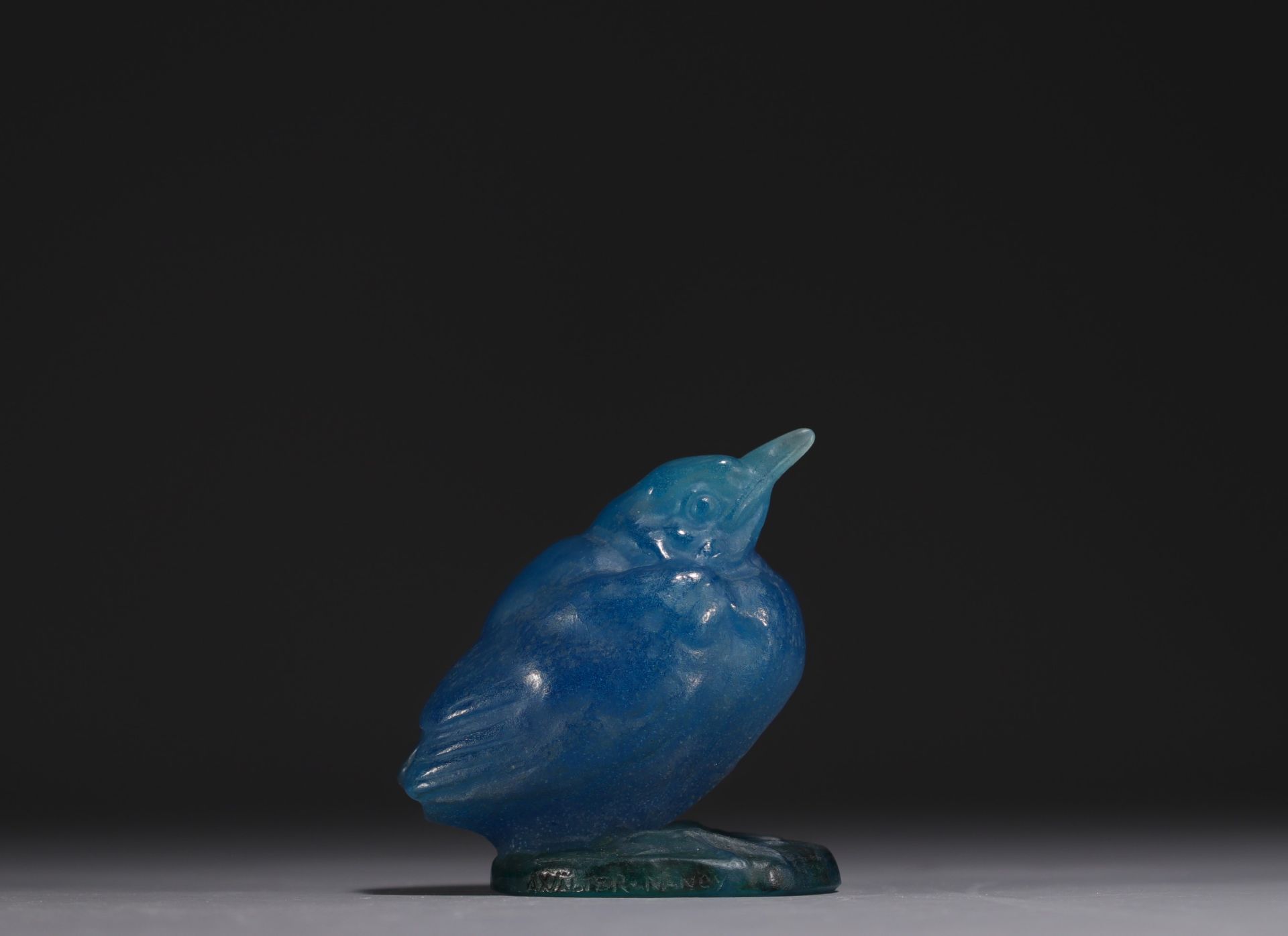 Amalric WALTER (1870-1959) Bird in blue pate de verre, signed on the edge of the base.