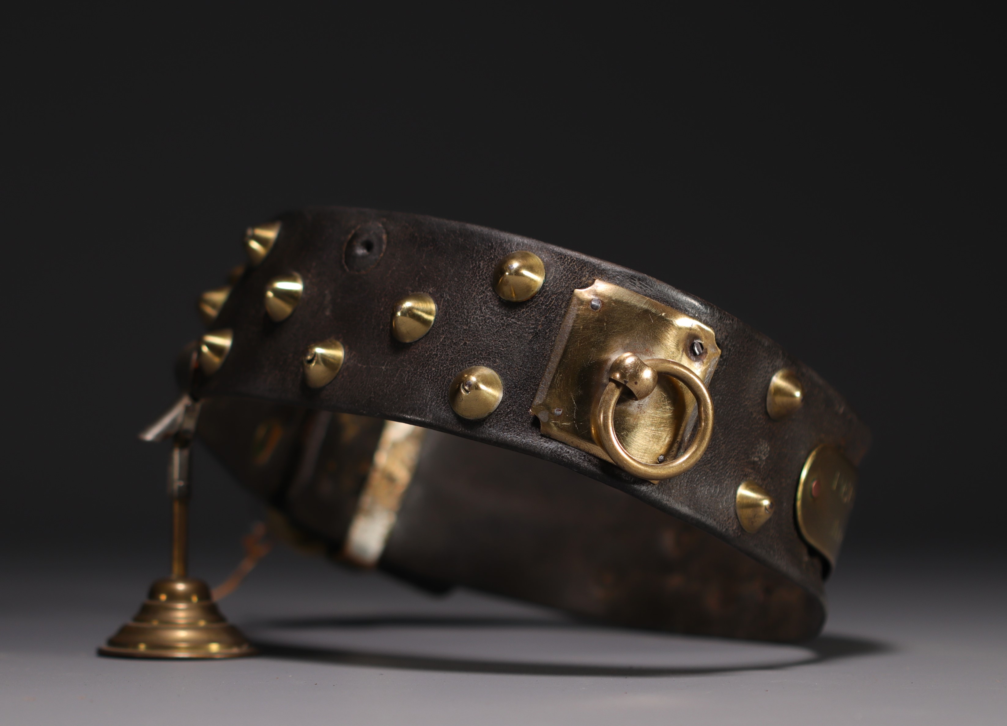 Rare leather and stud dog collar with brass nameplate, 19th century. - Image 2 of 3