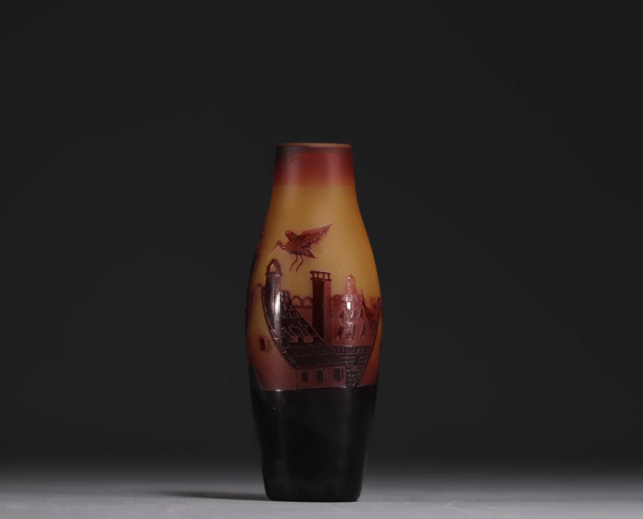 D'ARGENTAL - A rare acid-etched multi-layered glass vase with Alsatian stork decoration, signed. - Image 2 of 5