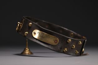 Rare leather and stud dog collar with brass nameplate, 19th century.