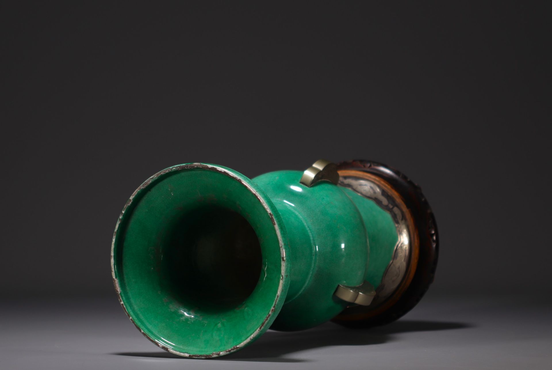 China - Large green monochrome porcelain vase, silver mounting. - Image 4 of 5