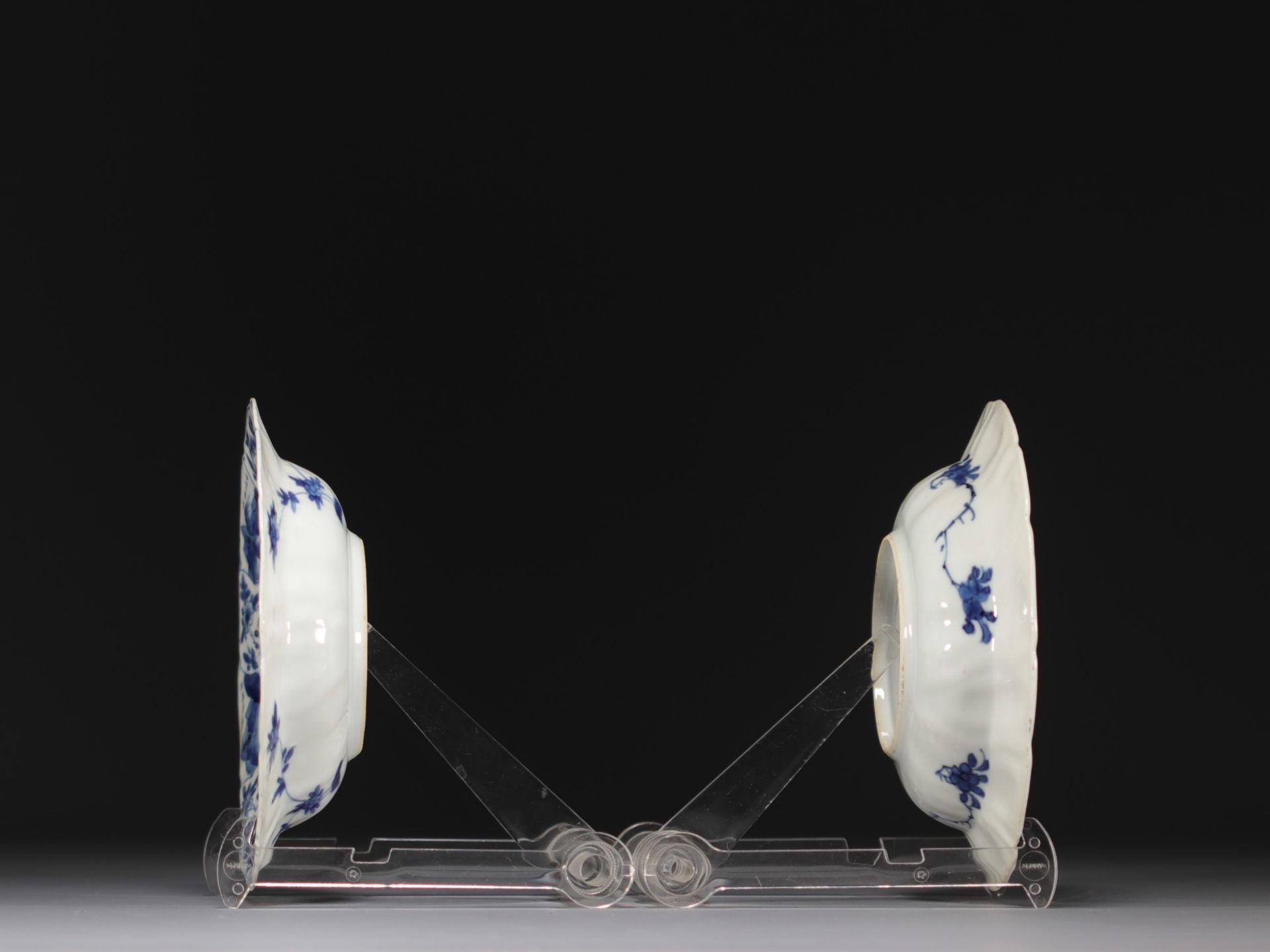 China - A pair of blue-white porcelain plates with floral decoration, Kangxi period. - Image 3 of 3