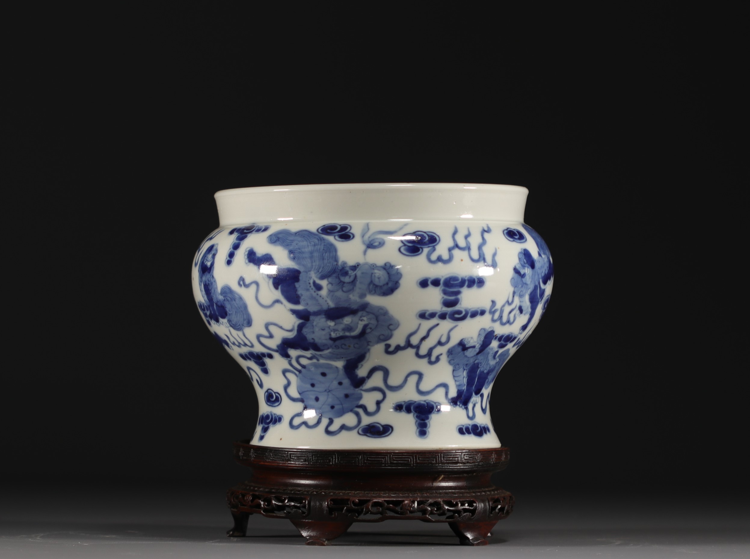 China - A blue-white porcelain vase decorated with lions, Kangxi mark.