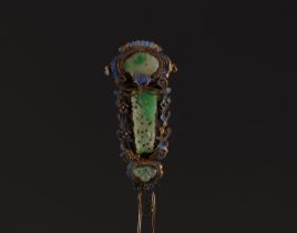 China - Cloisonne enamel and green jade hairpin with feather design, Qing period.