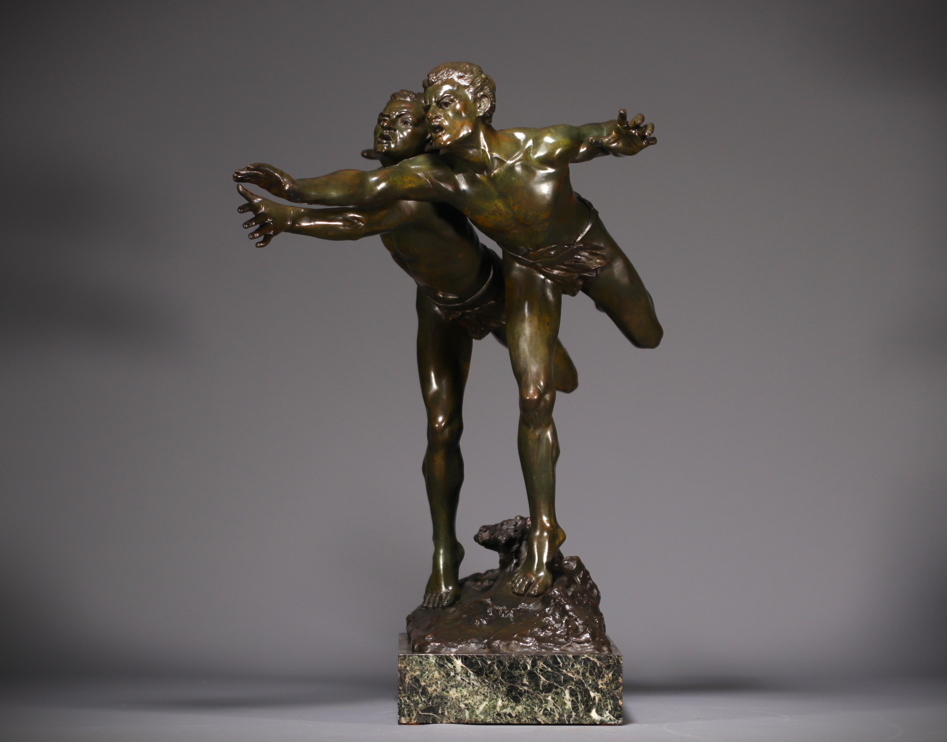 Edouard DROUOT (1859-1945) "La course" Bronze with green and brown shaded patina, on a marble base,  - Image 3 of 8