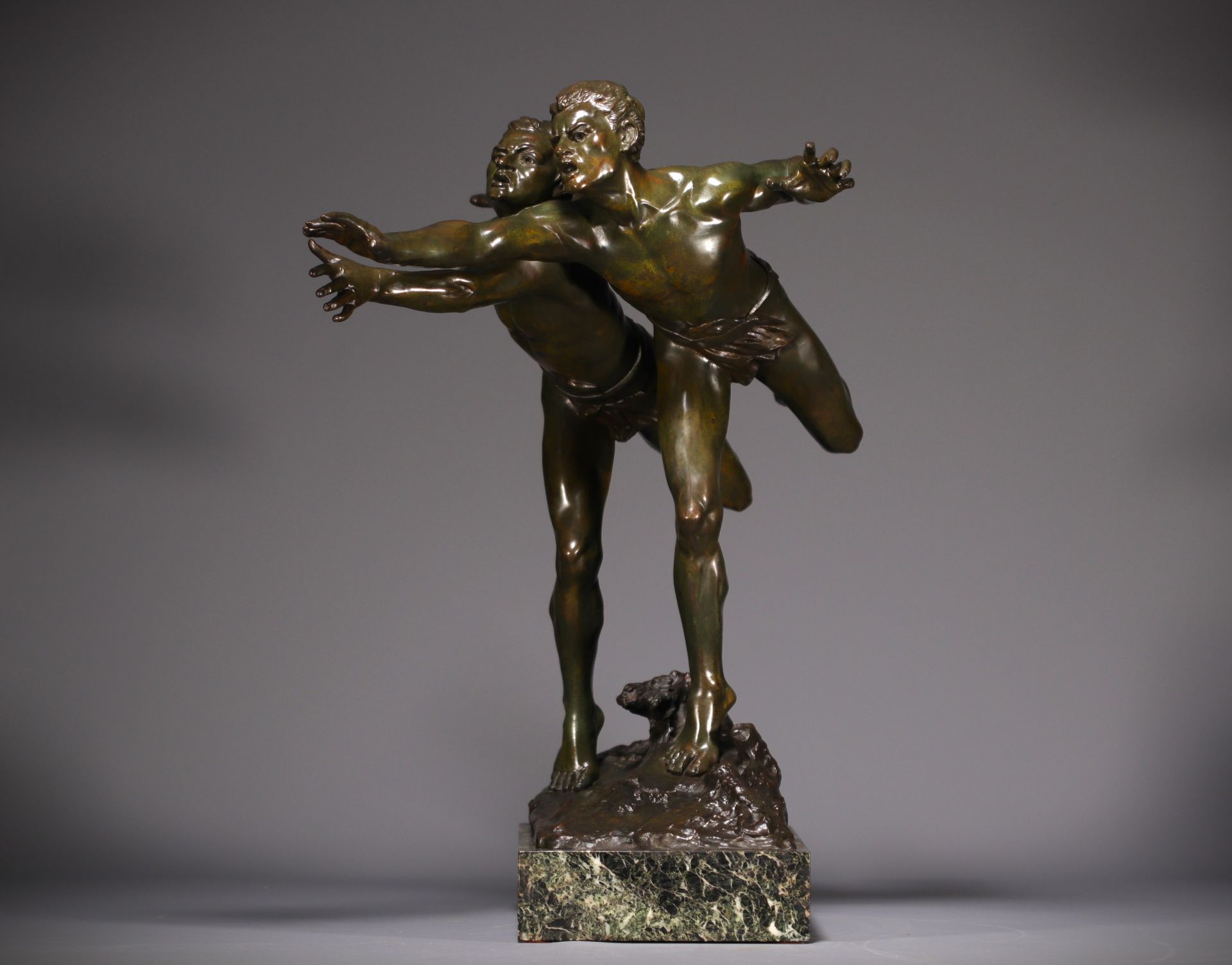 Edouard DROUOT (1859-1945) "La course" Bronze with green and brown shaded patina, on a marble base,  - Bild 3 aus 8