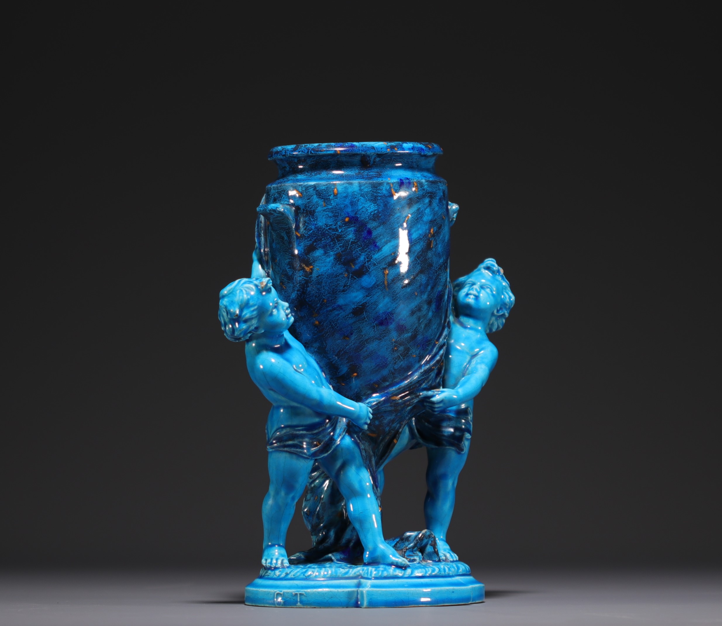 Paul MILLET (1870-1950) Blue and gold "Urne aux Putti" vase. - Image 2 of 5