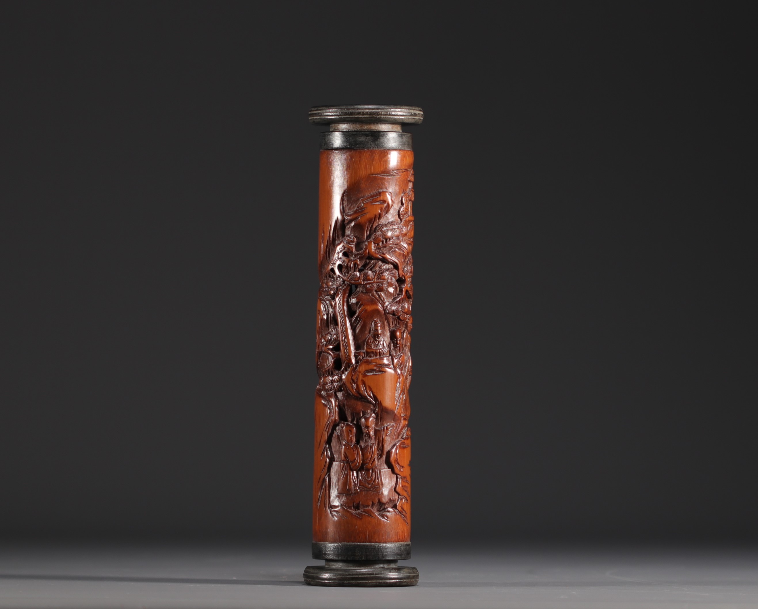 China - Carved bamboo incense cylinder with figures.