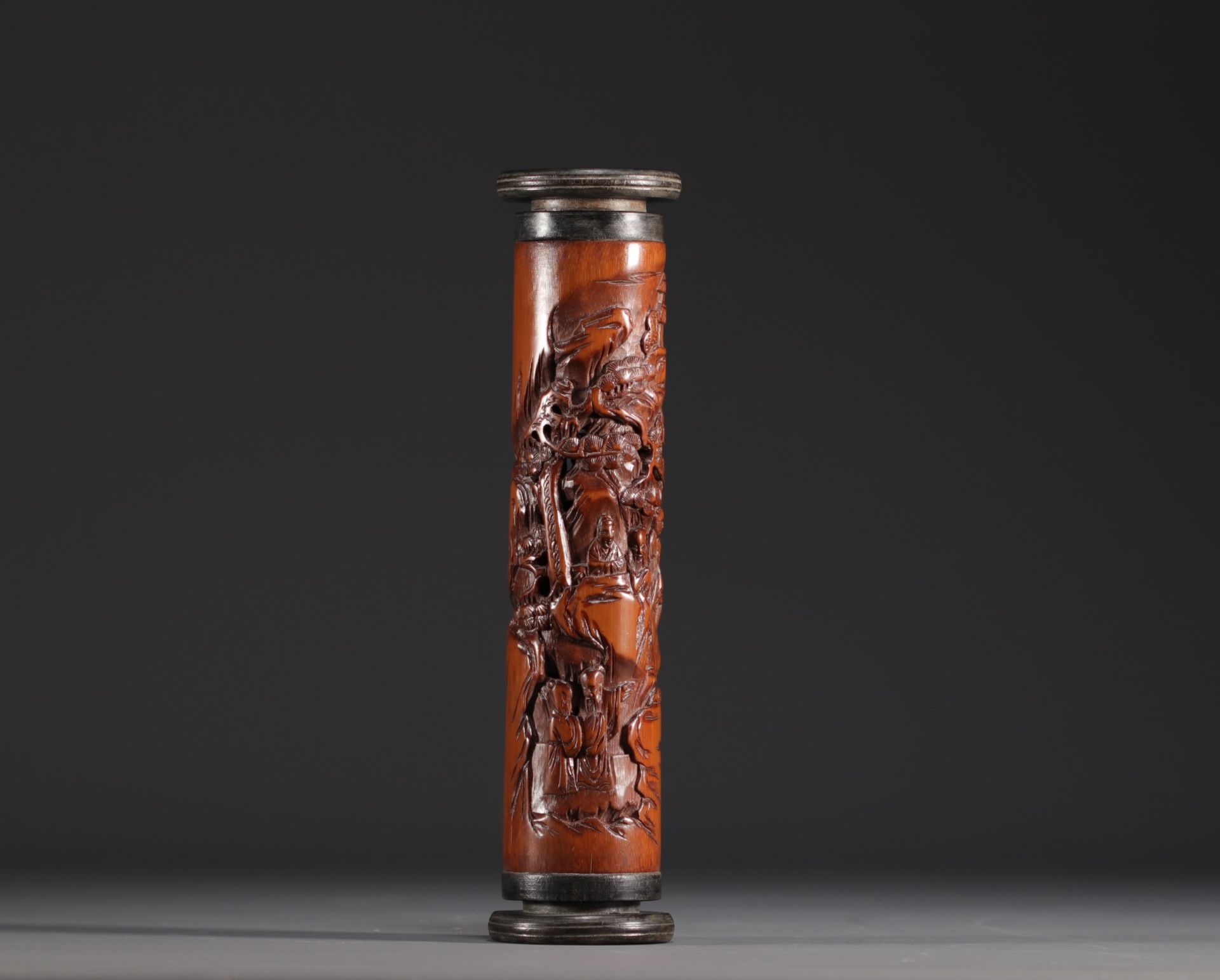 China - Carved bamboo incense cylinder with figures.