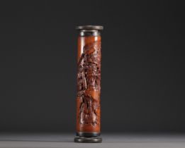 China - Carved bamboo incense cylinder with figures.