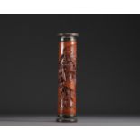 China - Carved bamboo incense cylinder with figures.