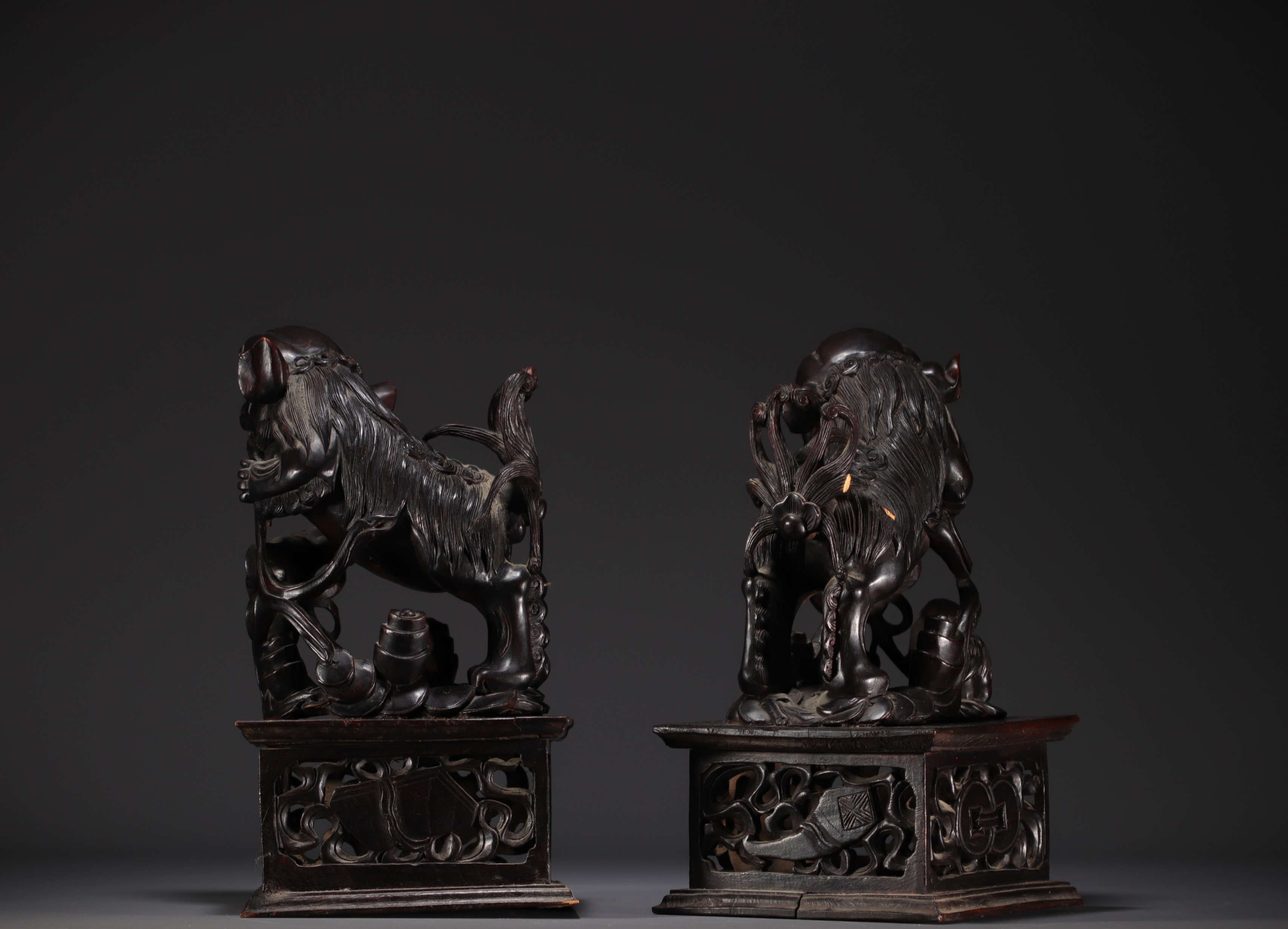 China - Pair of Fo dogs, temple guardians, carved wood, 19th century. - Image 3 of 3