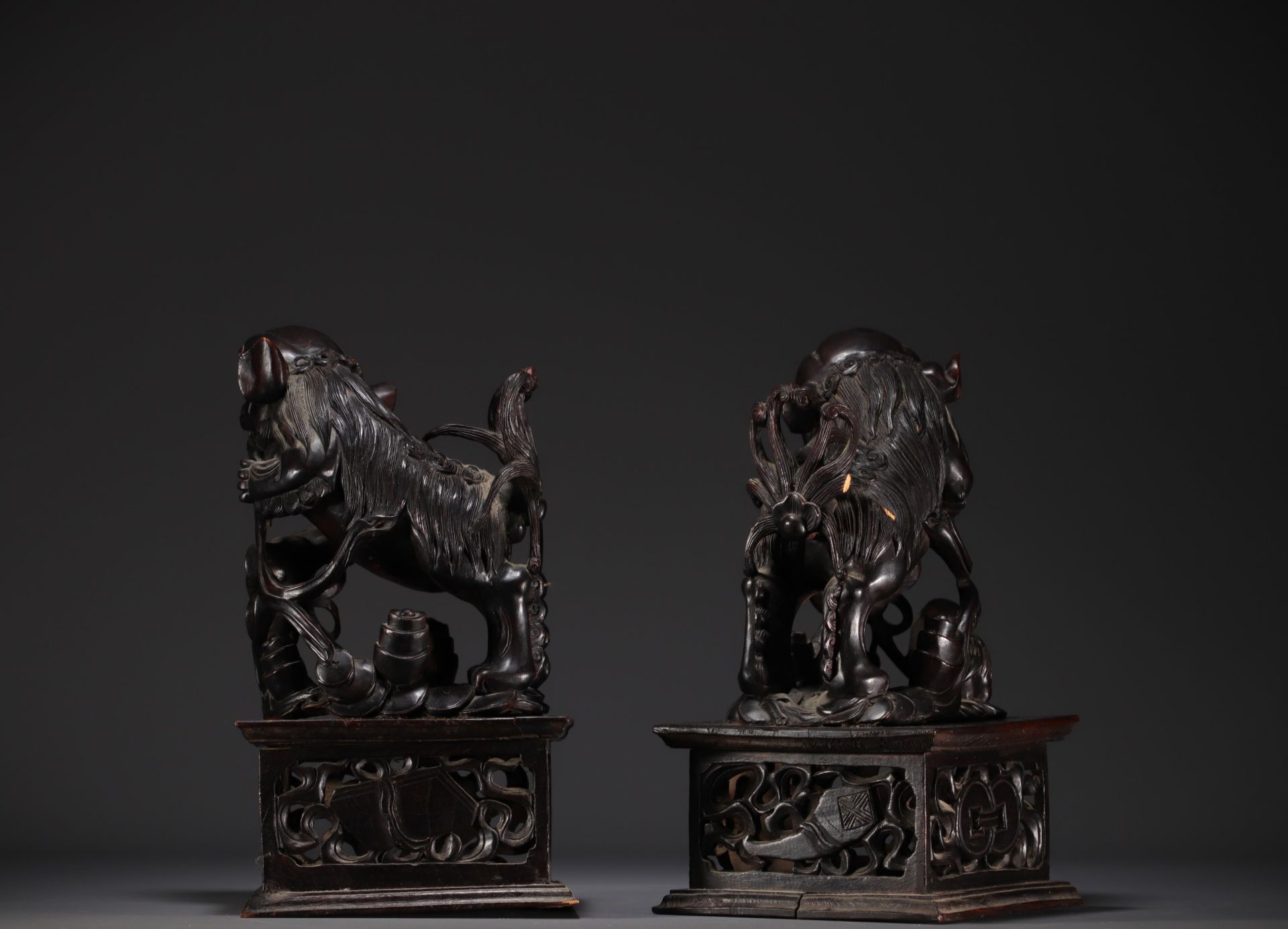China - Pair of Fo dogs, temple guardians, carved wood, 19th century. - Bild 3 aus 3