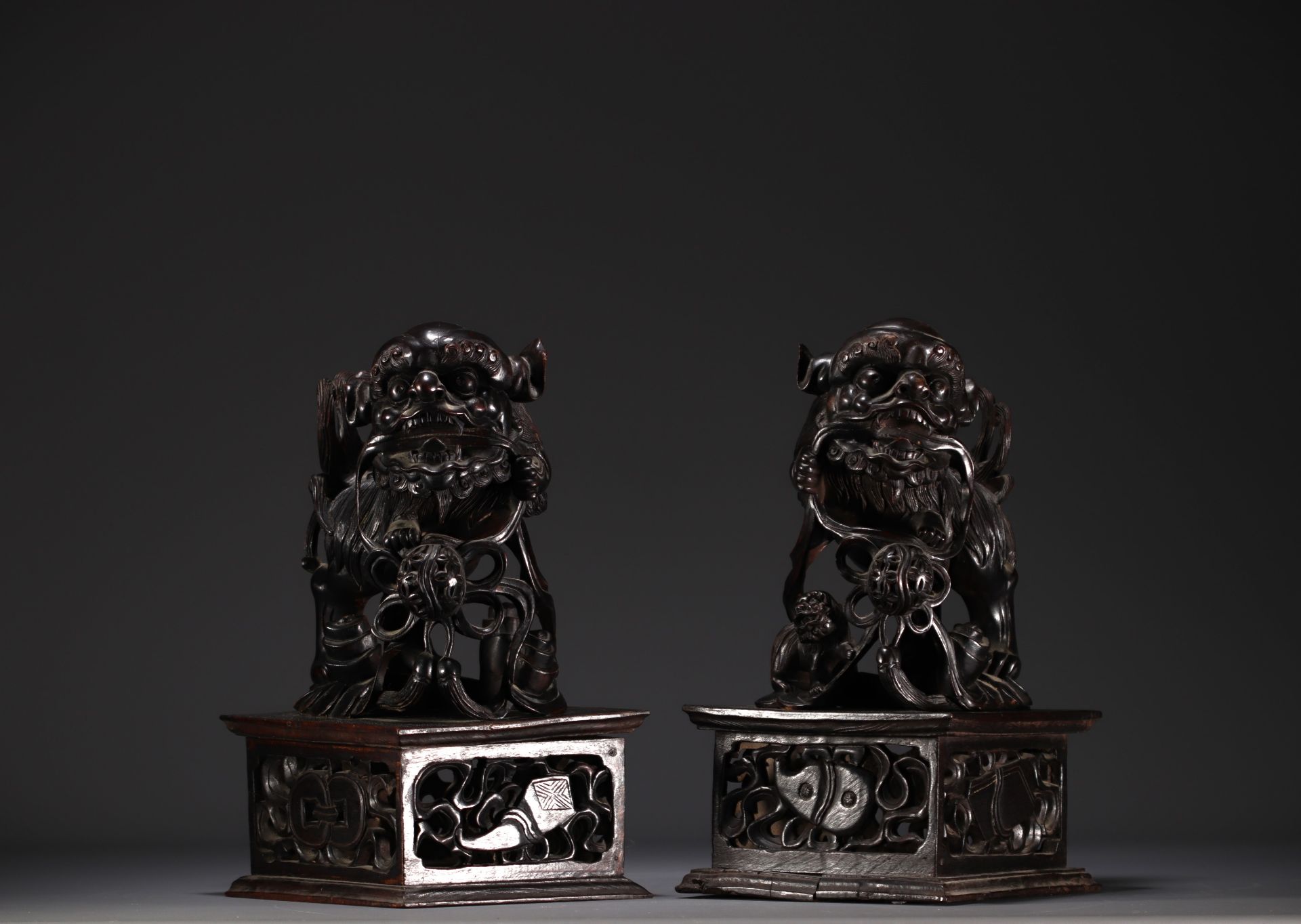 China - Pair of Fo dogs, temple guardians, carved wood, 19th century.