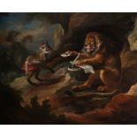 David TENIERS LE JEUNE (1610-1690) Entourage of "The Lion and the Monkey" Oil on panel, 17th century