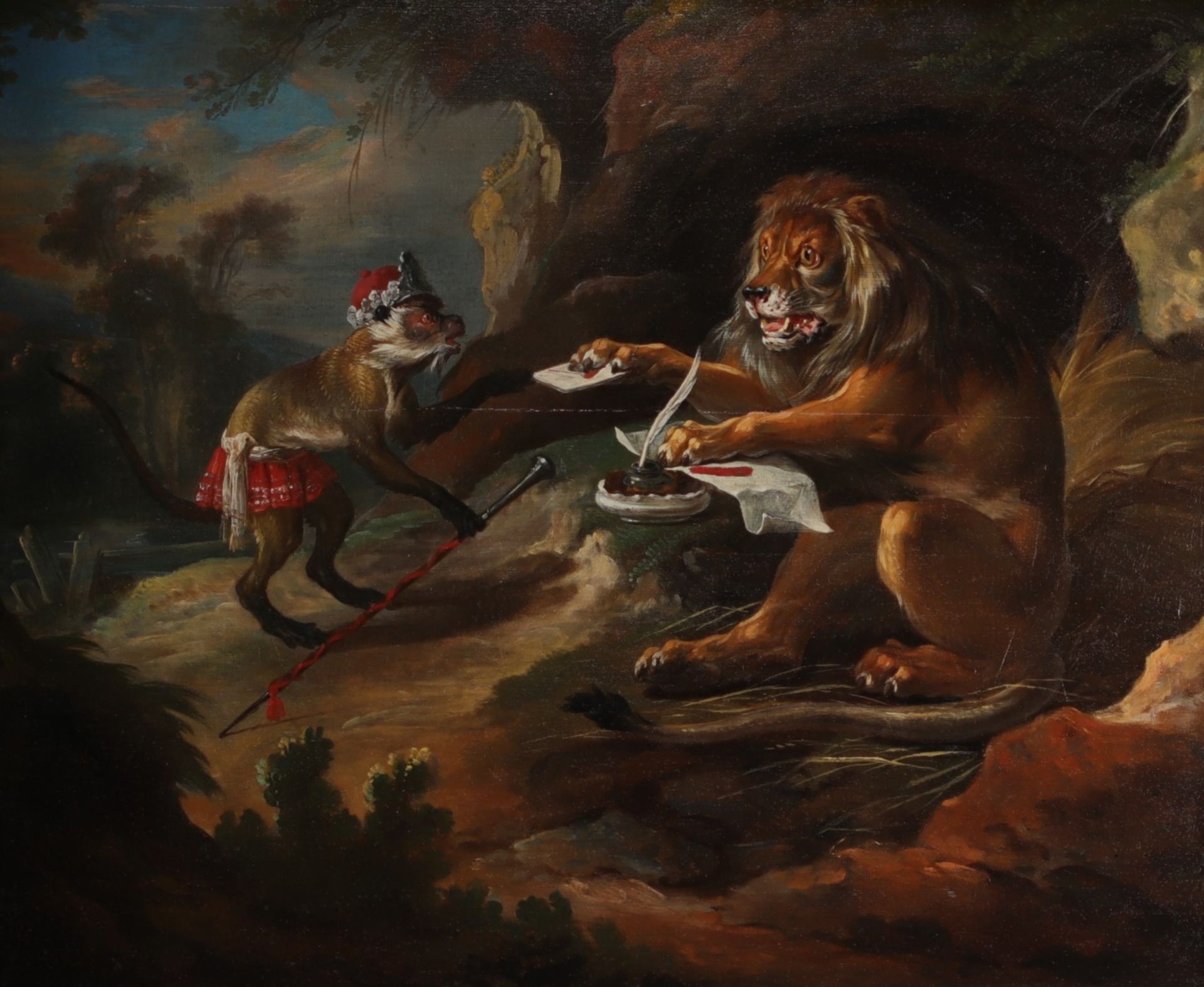 David TENIERS LE JEUNE (1610-1690) Entourage of "The Lion and the Monkey" Oil on panel, 17th century