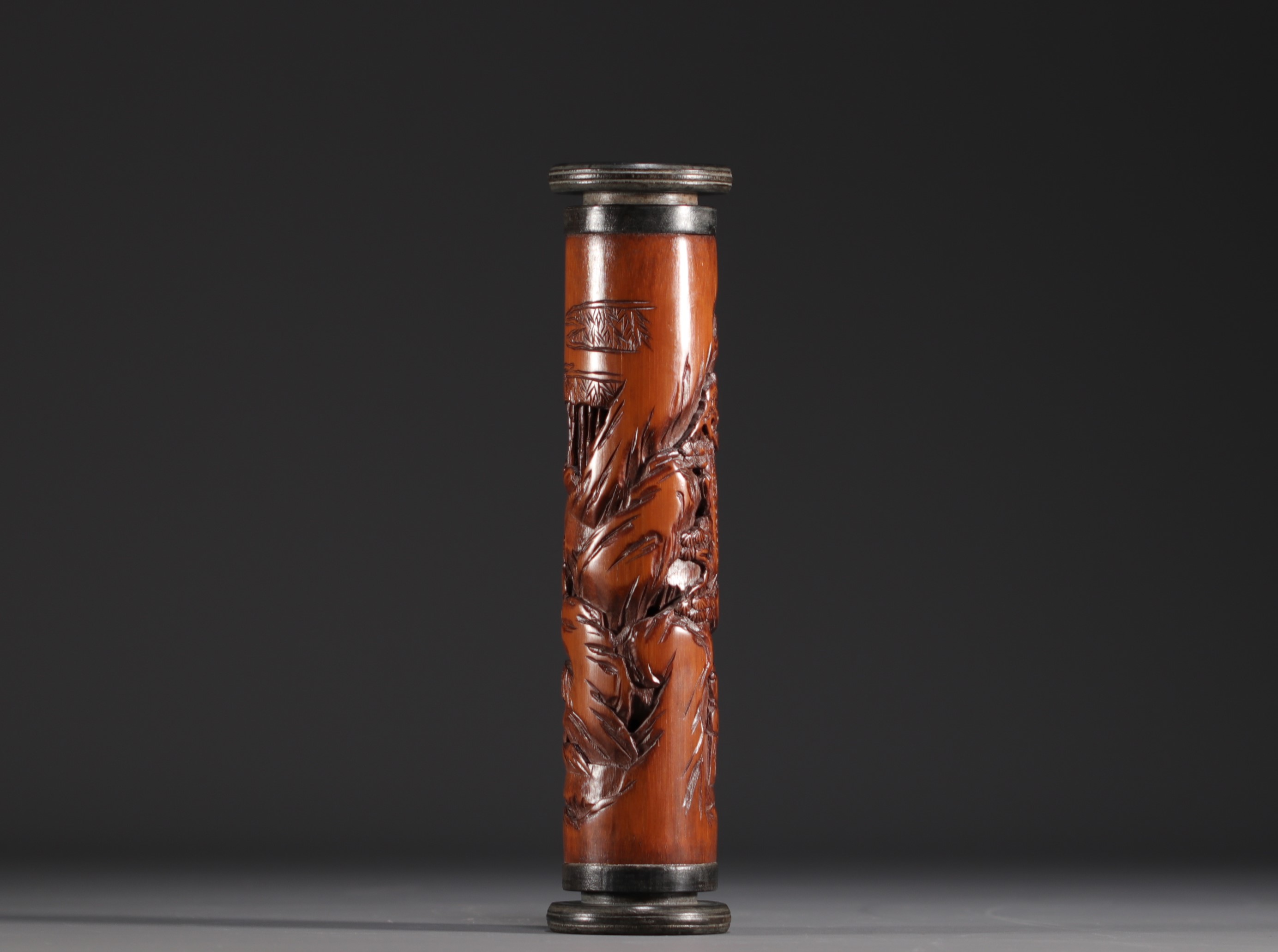 China - Carved bamboo incense cylinder with figures. - Image 4 of 4